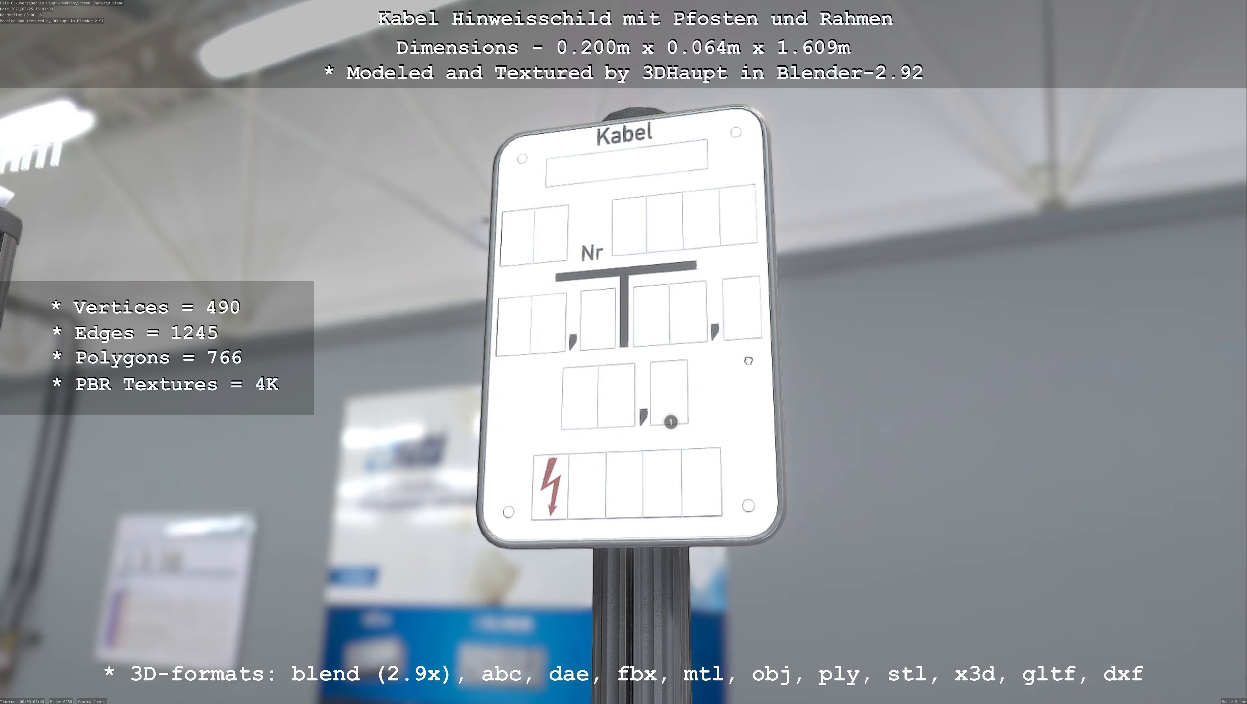 Hinweisschild Kabel mit Pfosten und Rahmen Low-poly 3D model_55