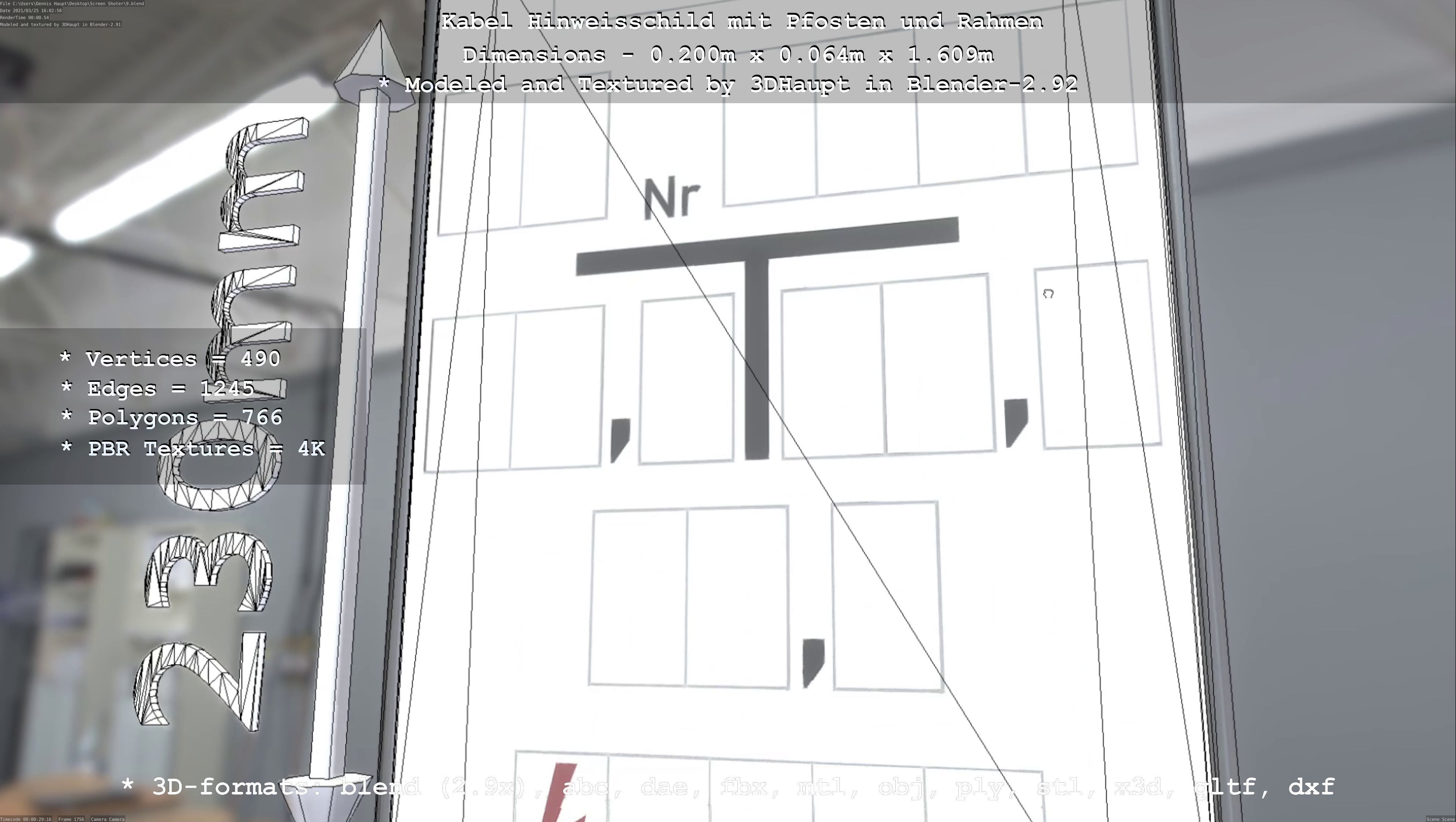 Hinweisschild Kabel mit Pfosten und Rahmen Low-poly 3D model_4