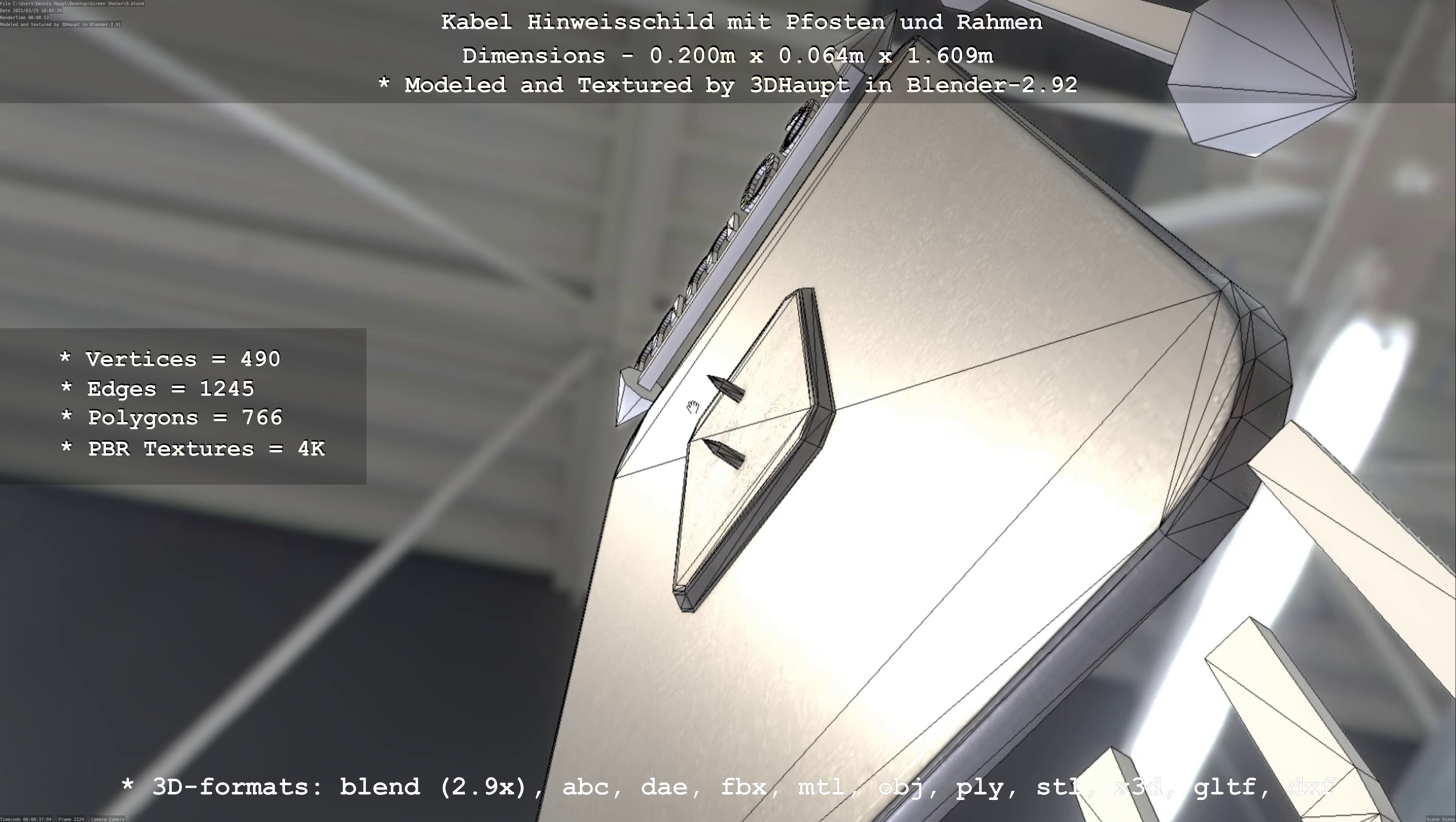 Hinweisschild Kabel mit Pfosten und Rahmen Low-poly 3D model_7