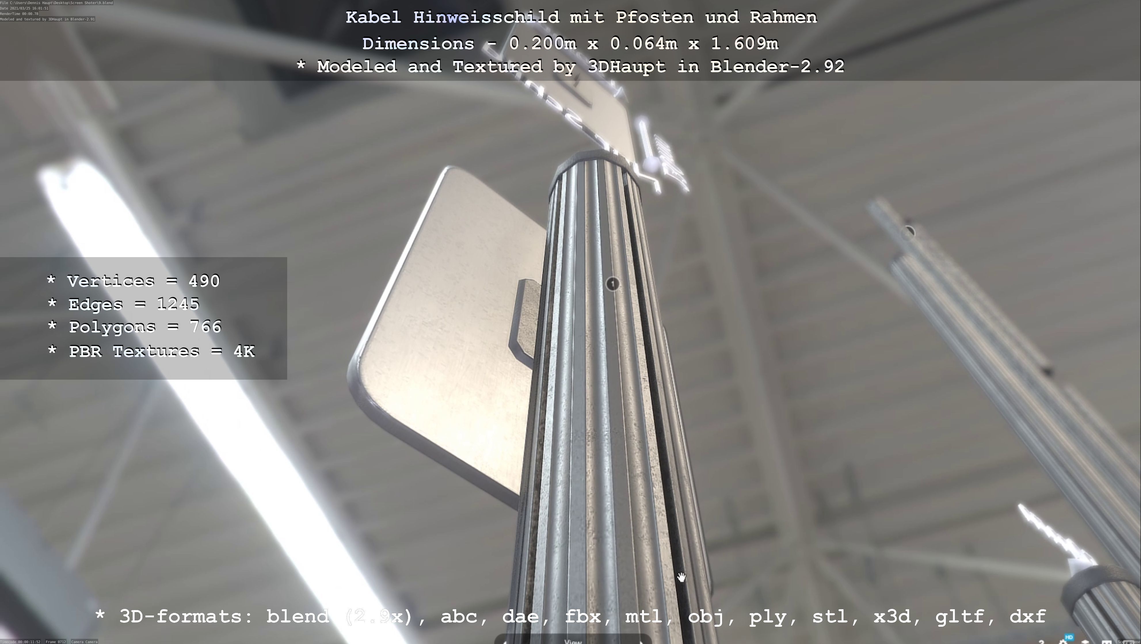 Hinweisschild Kabel mit Pfosten und Rahmen Low-poly 3D model_107