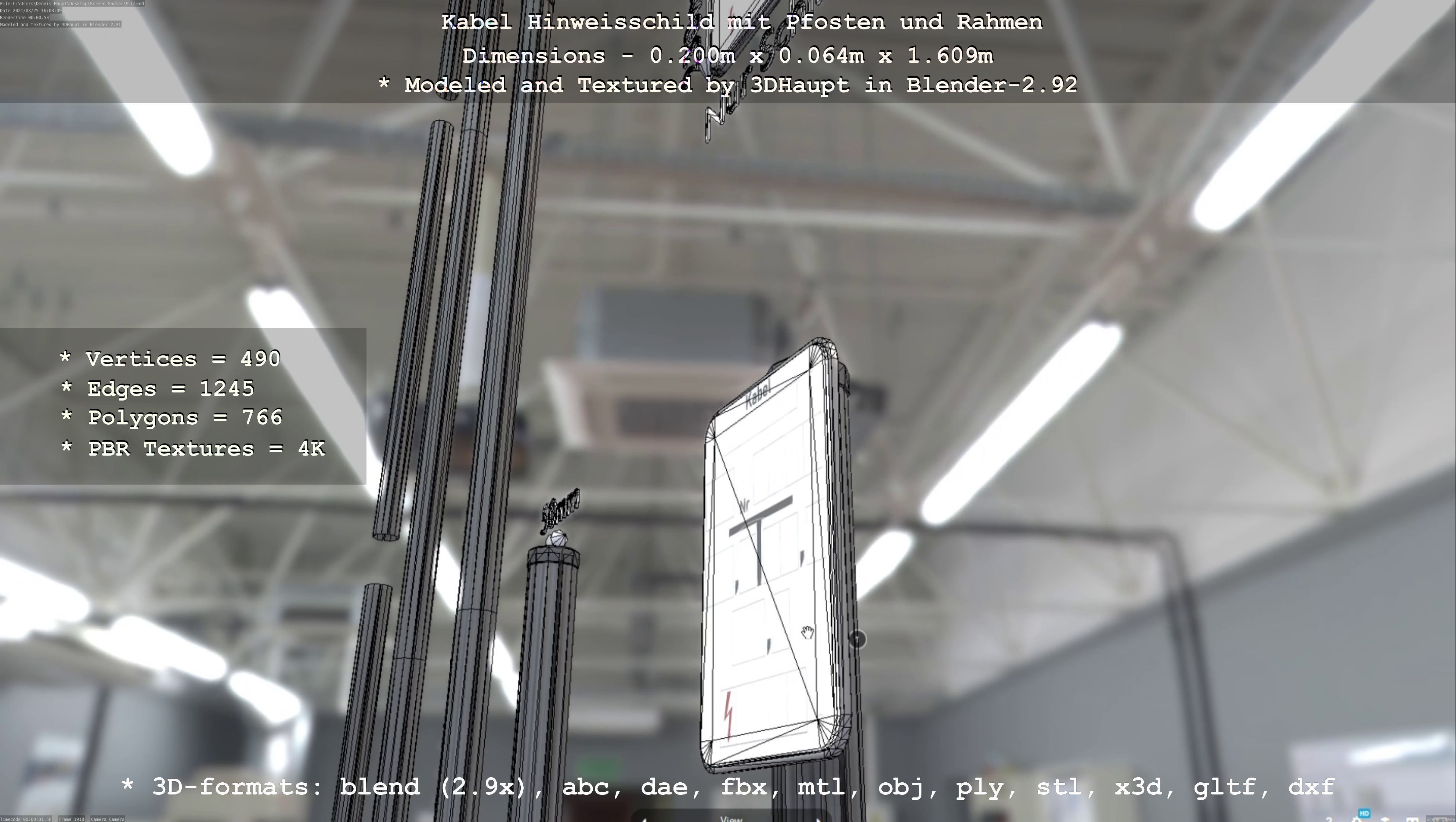 Hinweisschild Kabel mit Pfosten und Rahmen Low-poly 3D model_65