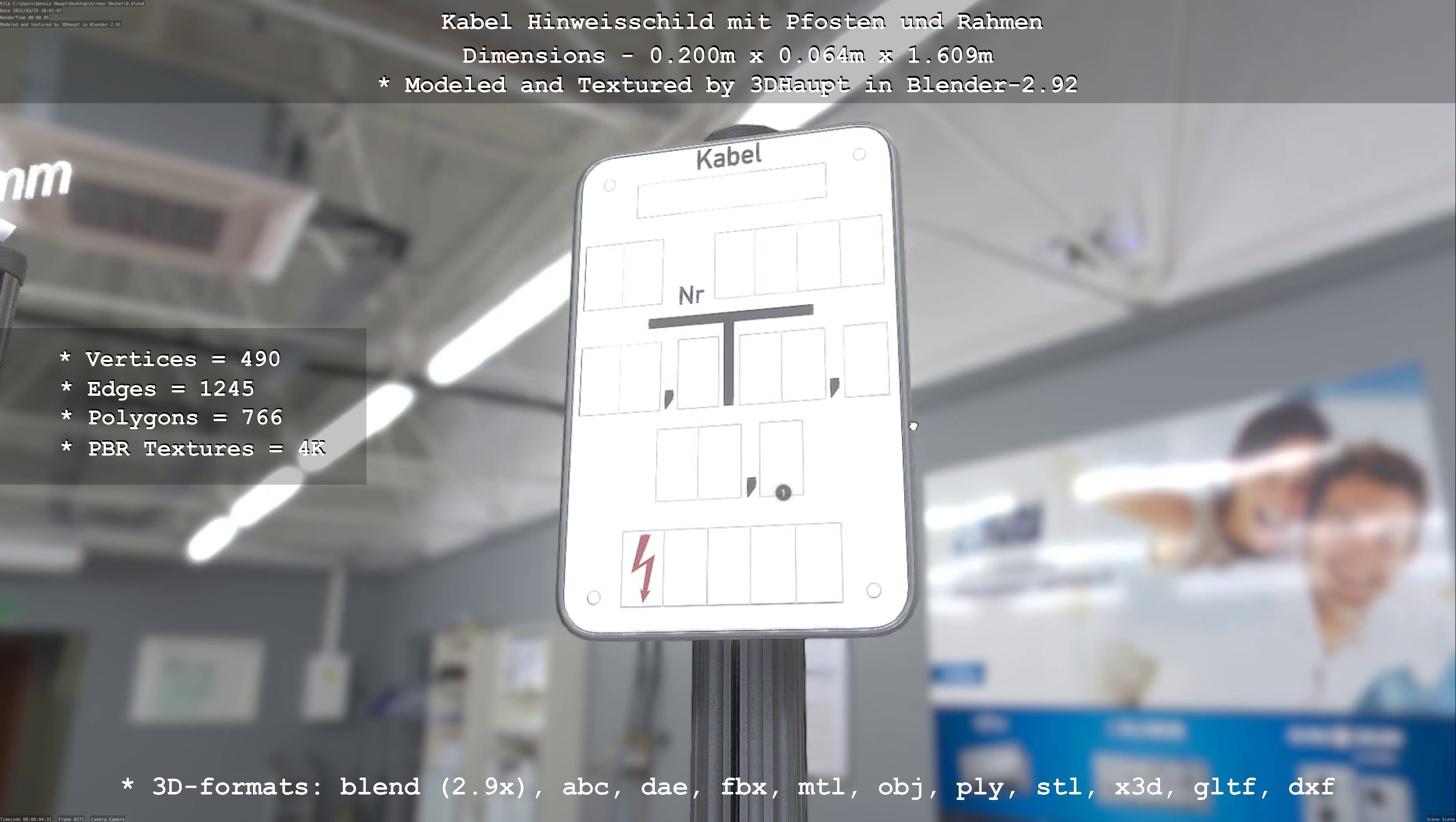 Hinweisschild Kabel mit Pfosten und Rahmen Low-poly 3D model_100