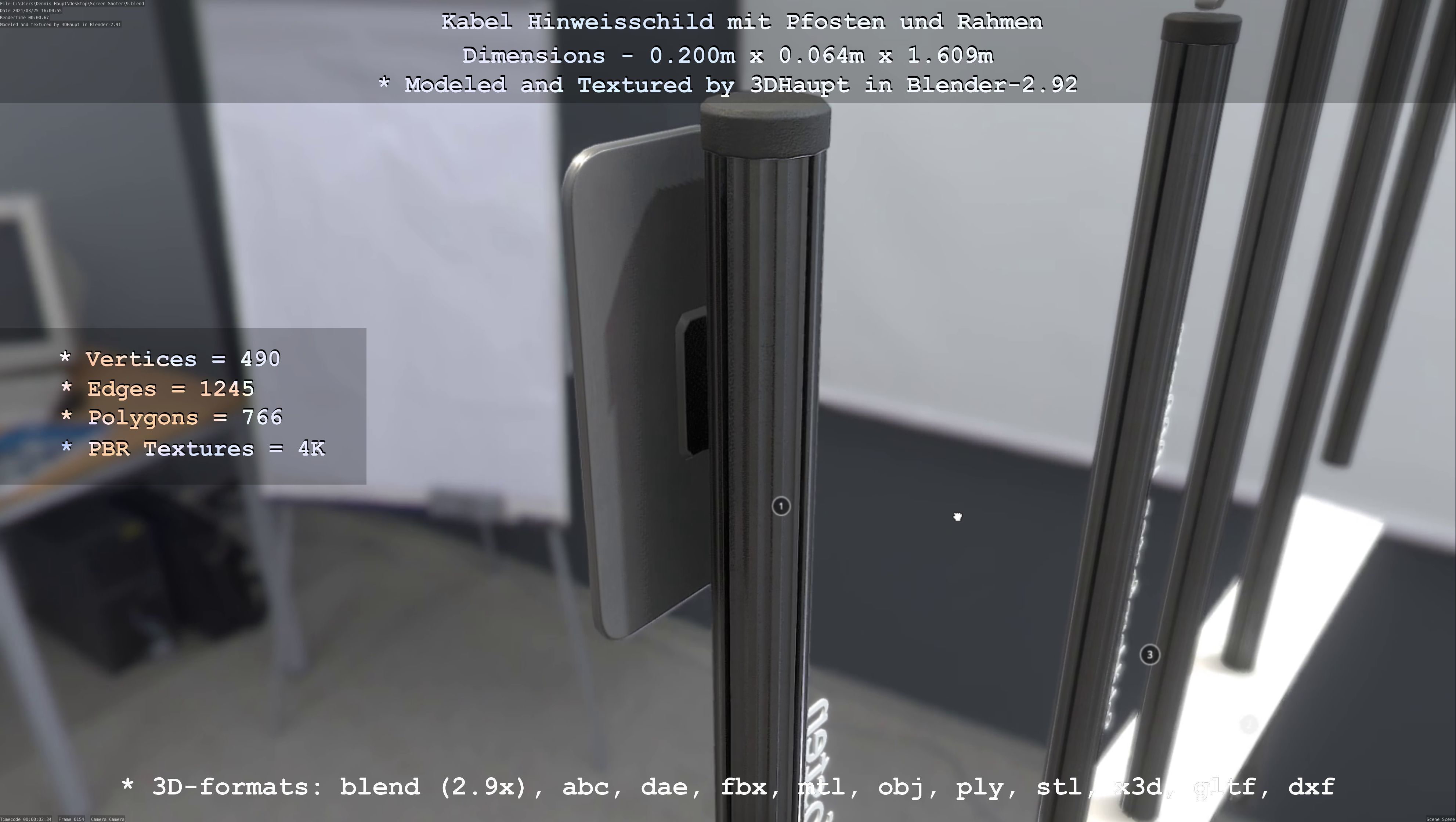 Hinweisschild Kabel mit Pfosten und Rahmen Low-poly 3D model_16