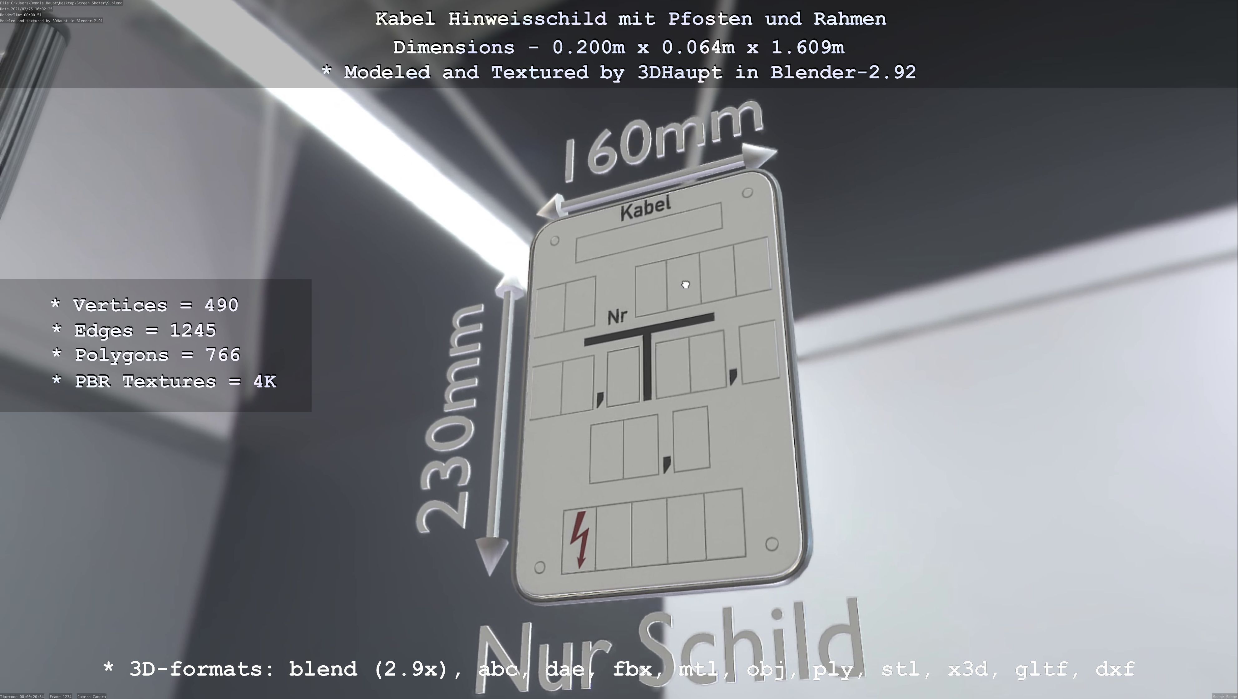 Hinweisschild Kabel mit Pfosten und Rahmen Low-poly 3D model_119