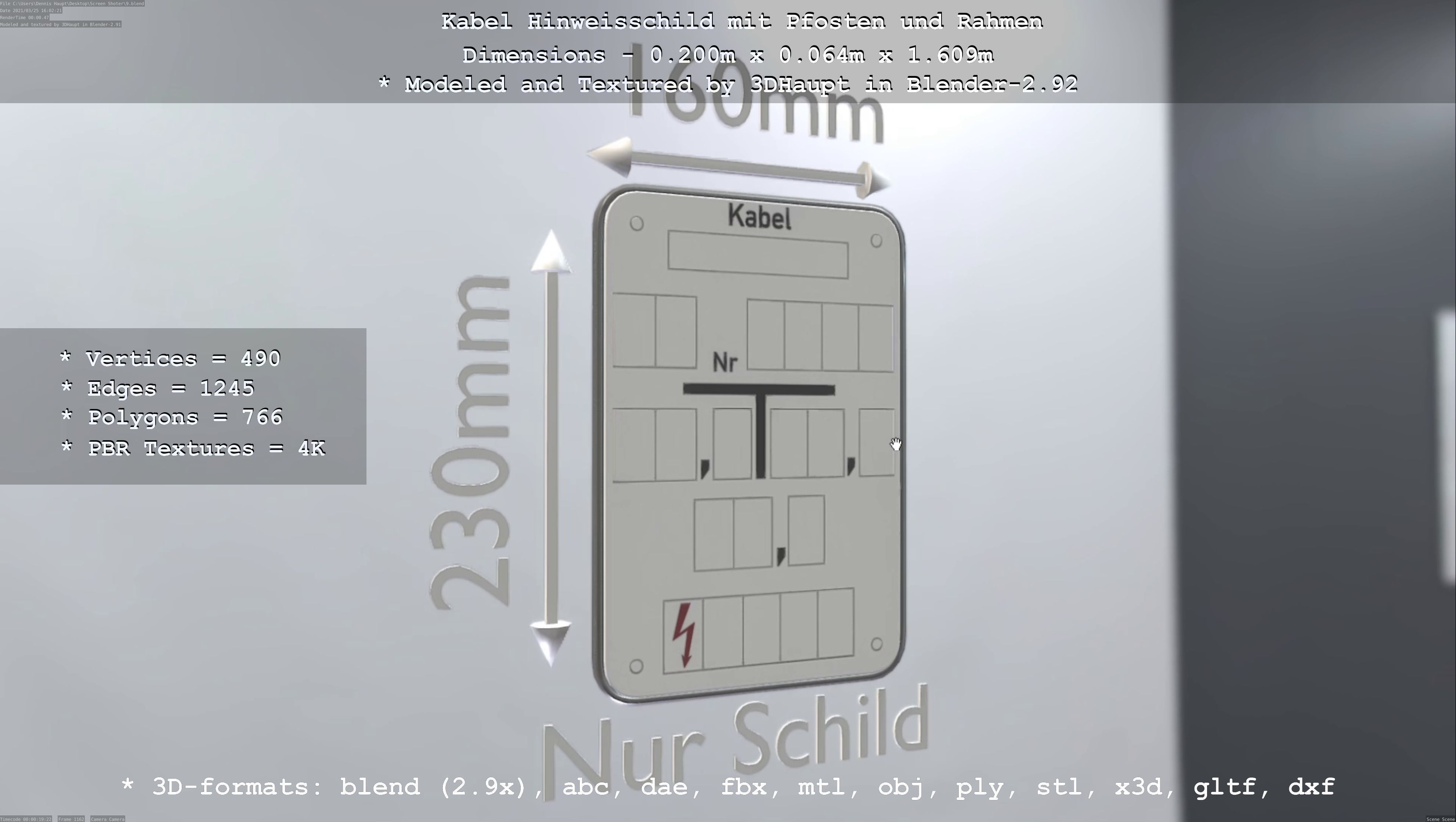 Hinweisschild Kabel mit Pfosten und Rahmen Low-poly 3D model_122