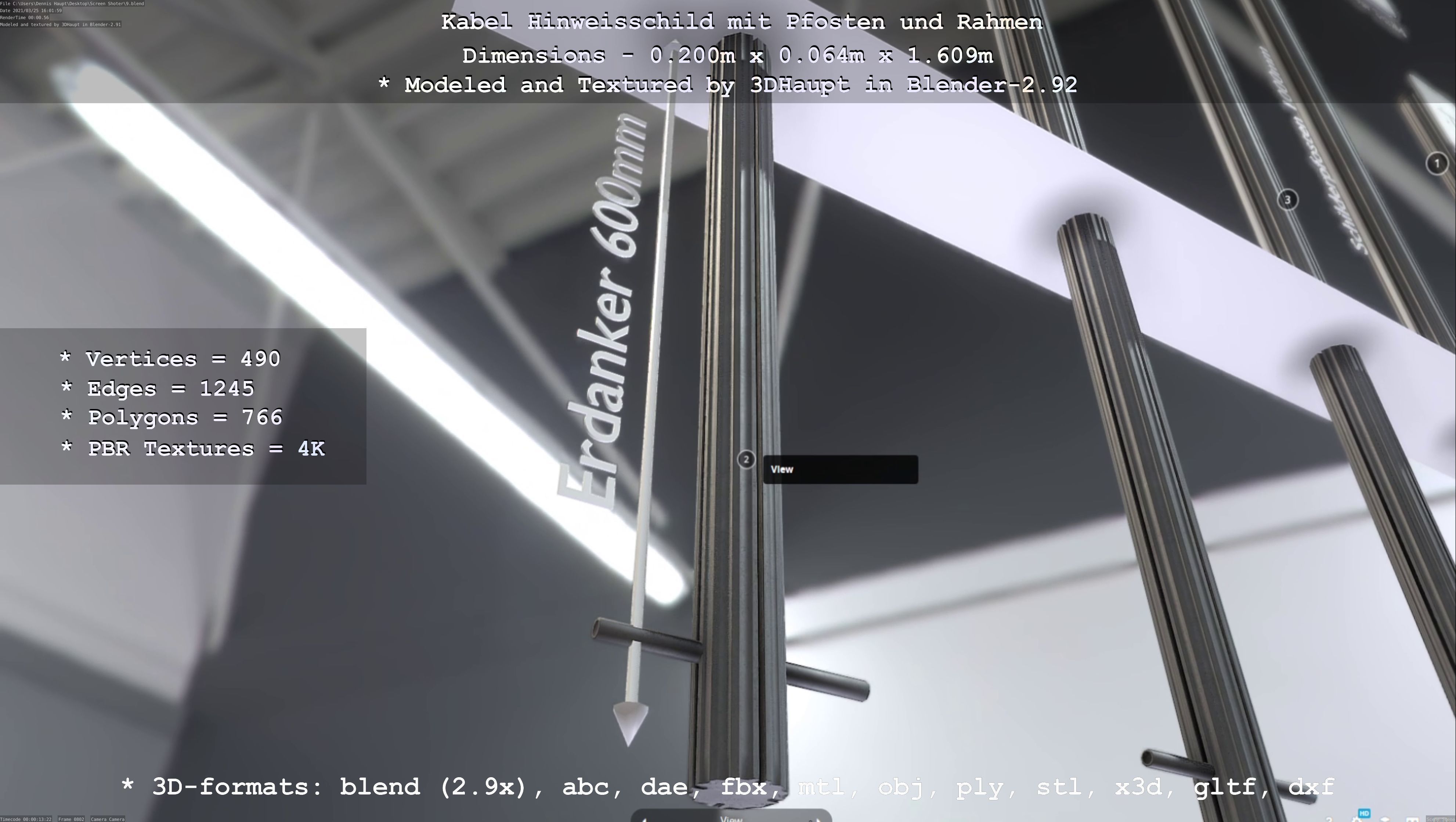 Hinweisschild Kabel mit Pfosten und Rahmen Low-poly 3D model_102