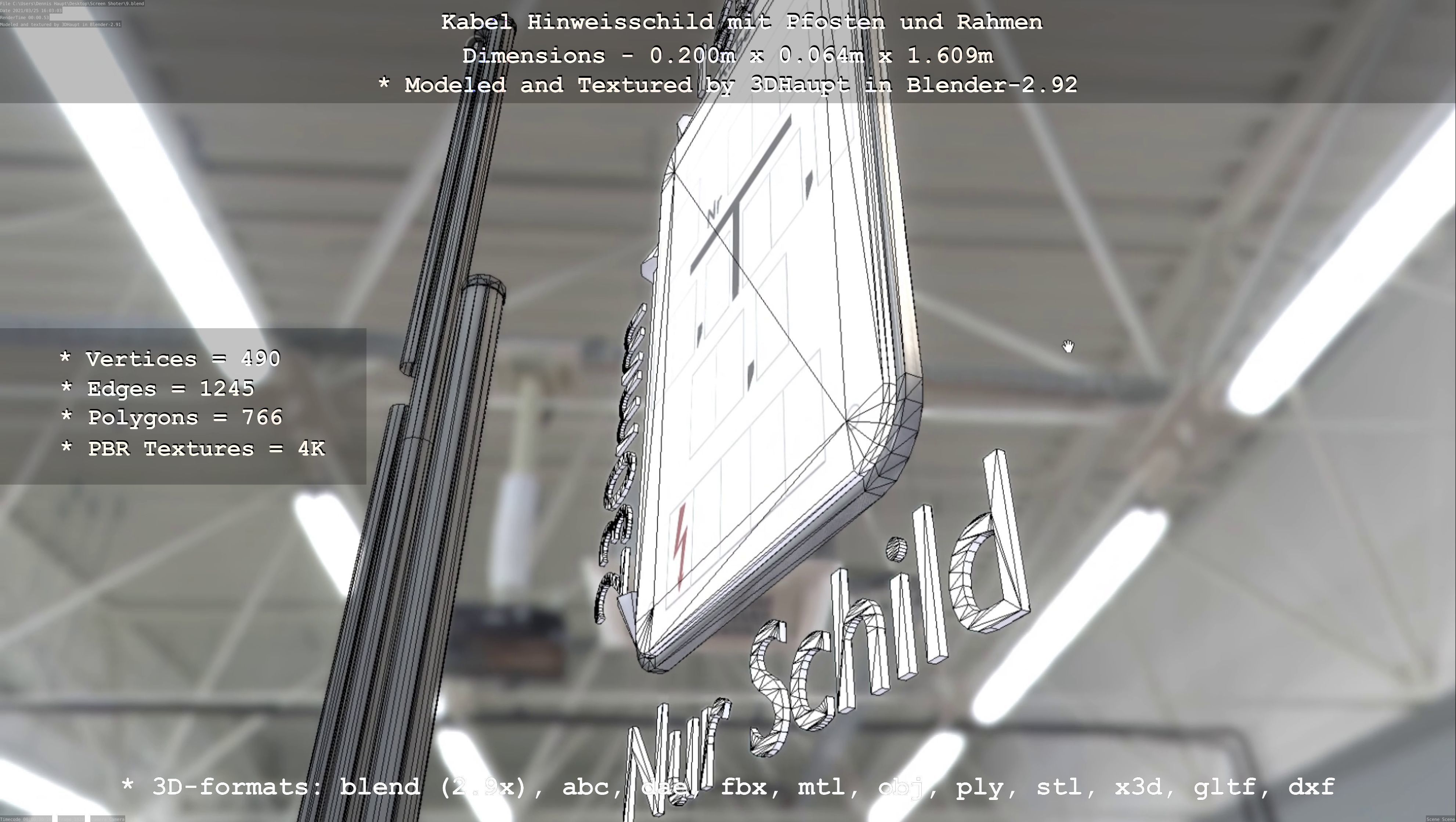 Hinweisschild Kabel mit Pfosten und Rahmen Low-poly 3D model_57