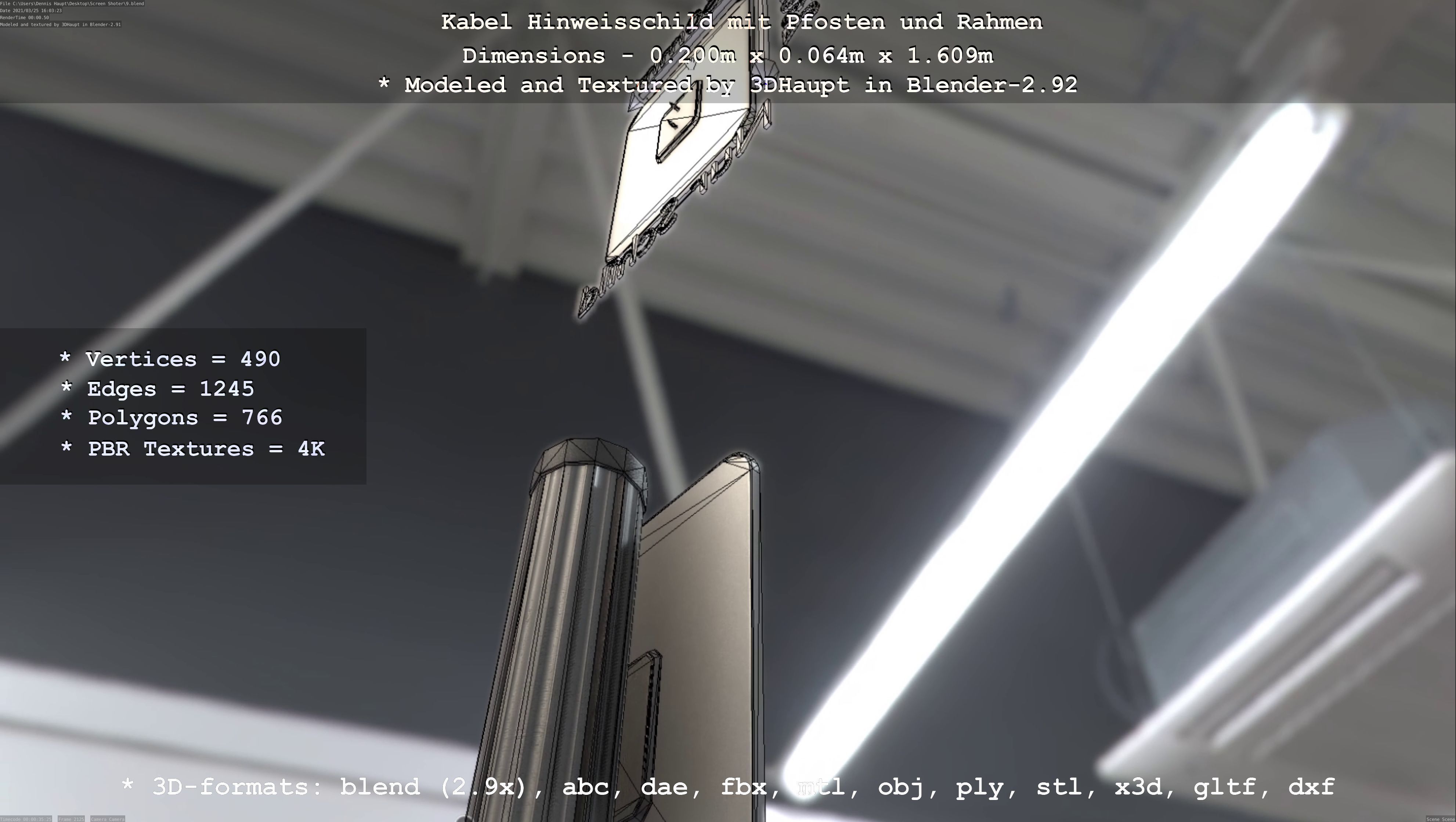 Hinweisschild Kabel mit Pfosten und Rahmen Low-poly 3D model_60