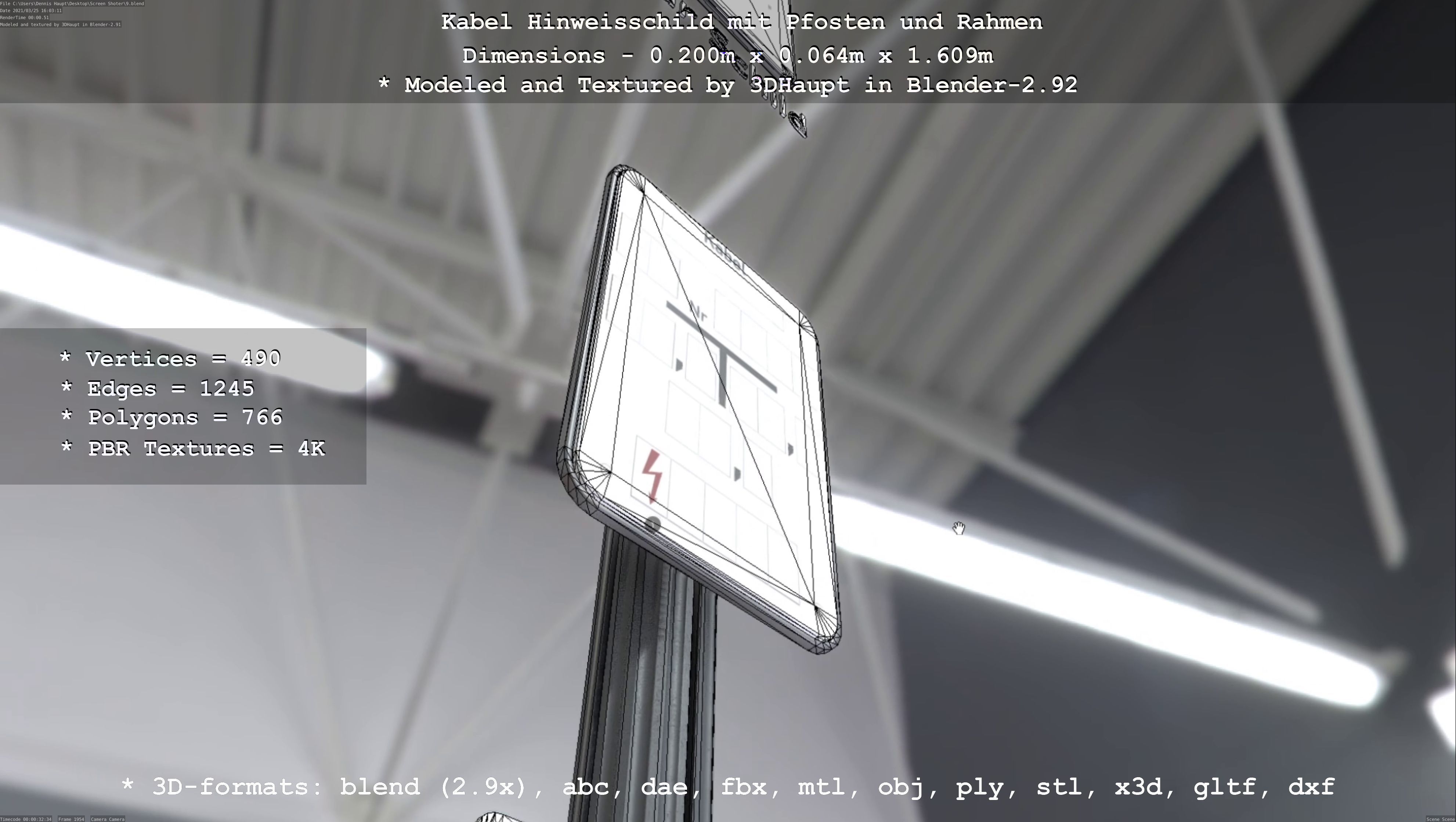 Hinweisschild Kabel mit Pfosten und Rahmen Low-poly 3D model_6