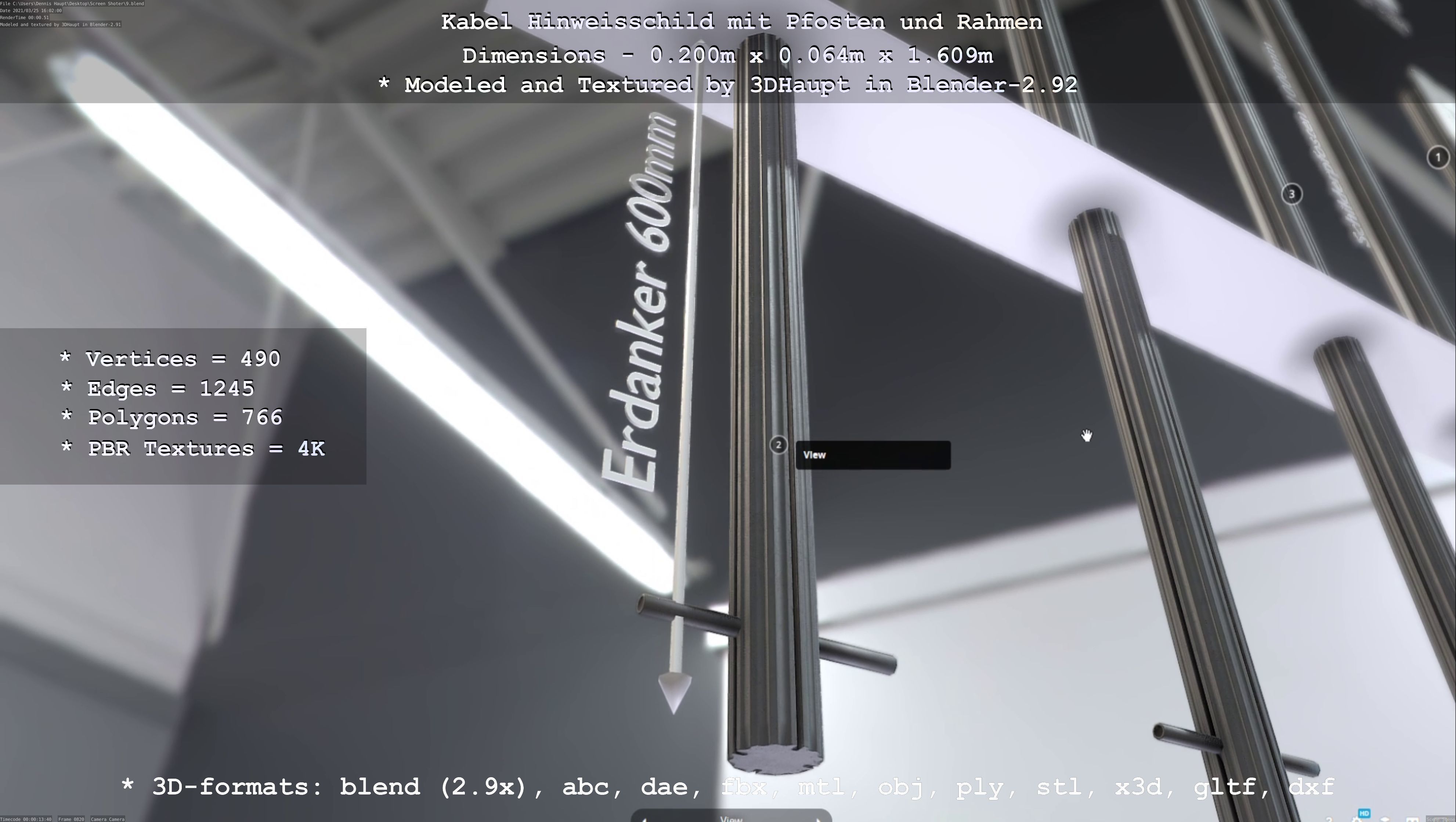 Hinweisschild Kabel mit Pfosten und Rahmen Low-poly 3D model_110