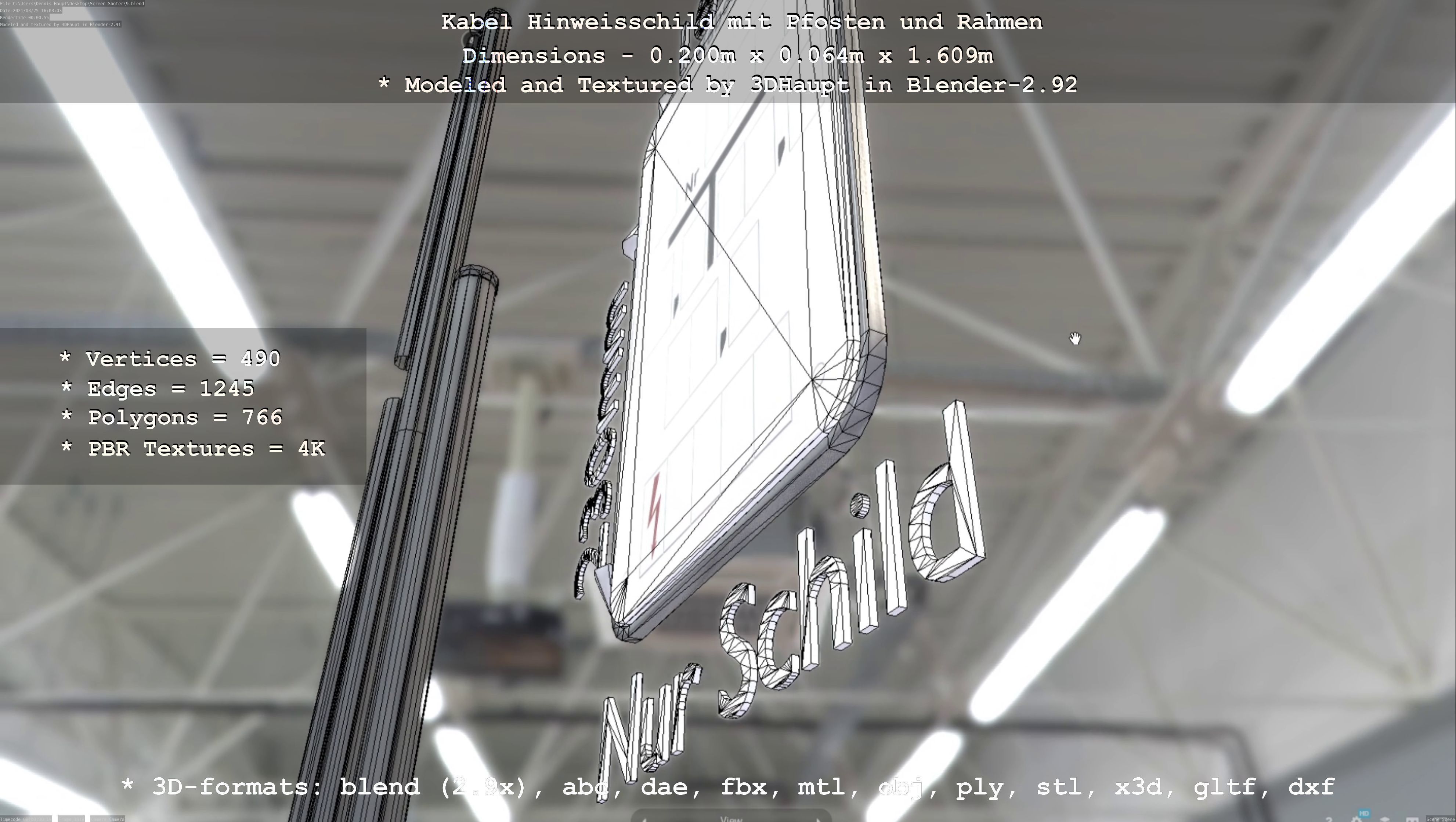 Hinweisschild Kabel mit Pfosten und Rahmen Low-poly 3D model_77