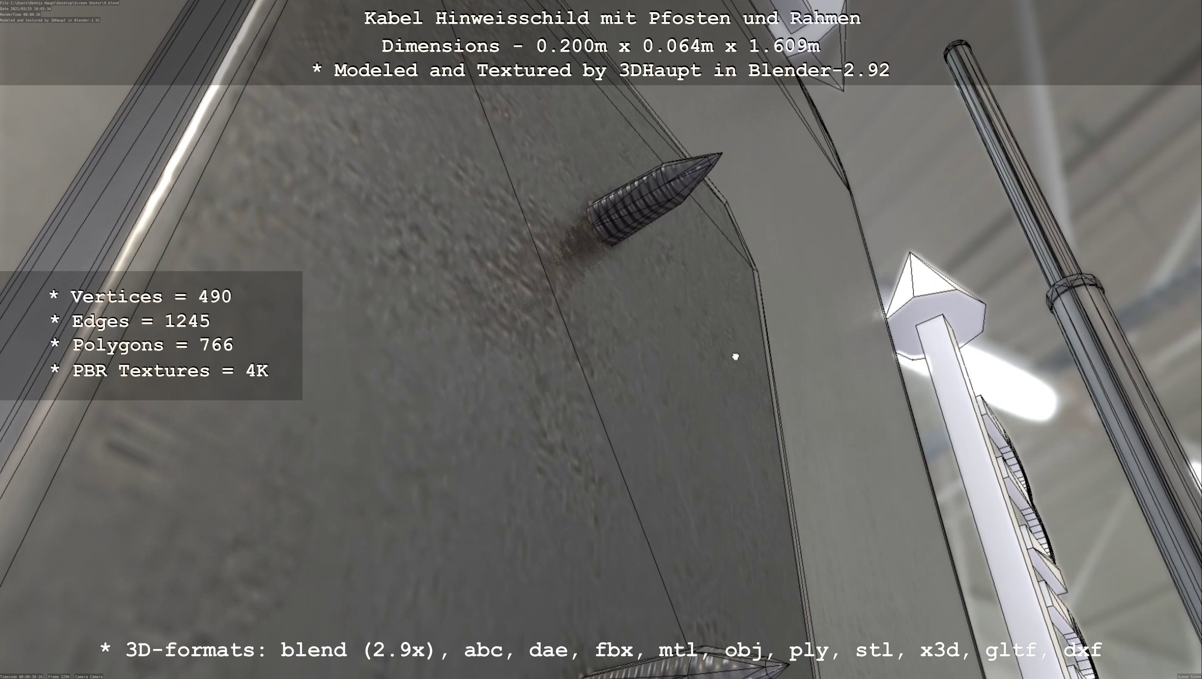 Hinweisschild Kabel mit Pfosten und Rahmen Low-poly 3D model_56