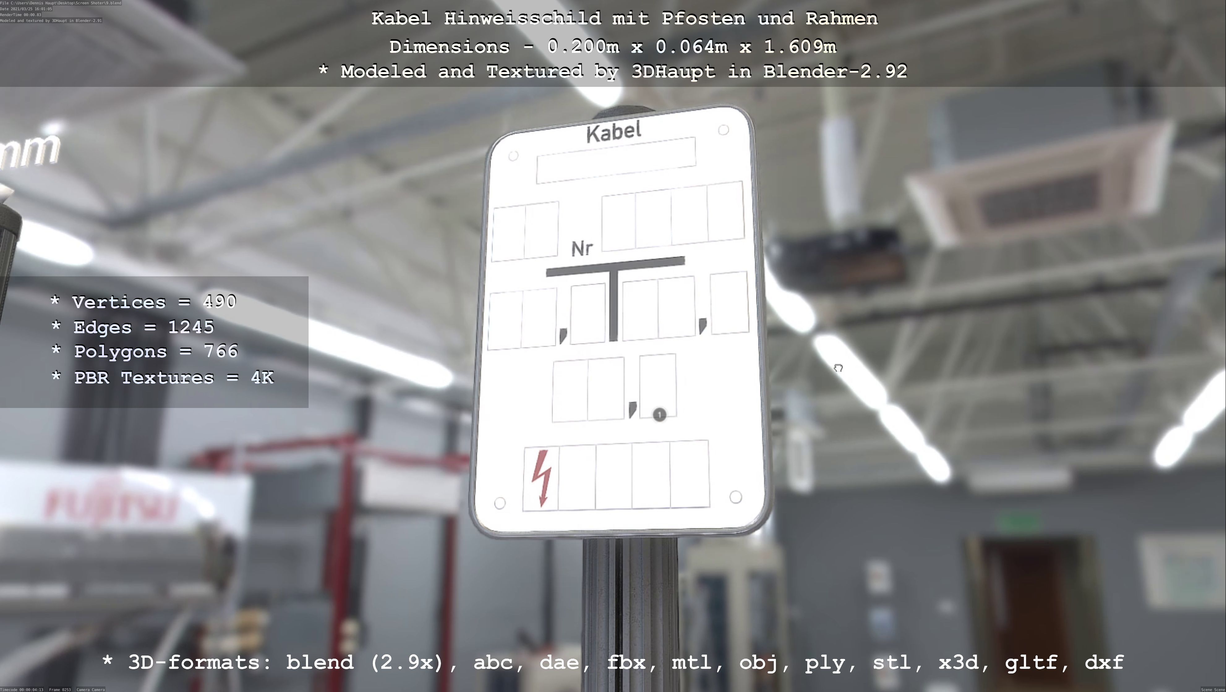 Hinweisschild Kabel mit Pfosten und Rahmen Low-poly 3D model_53