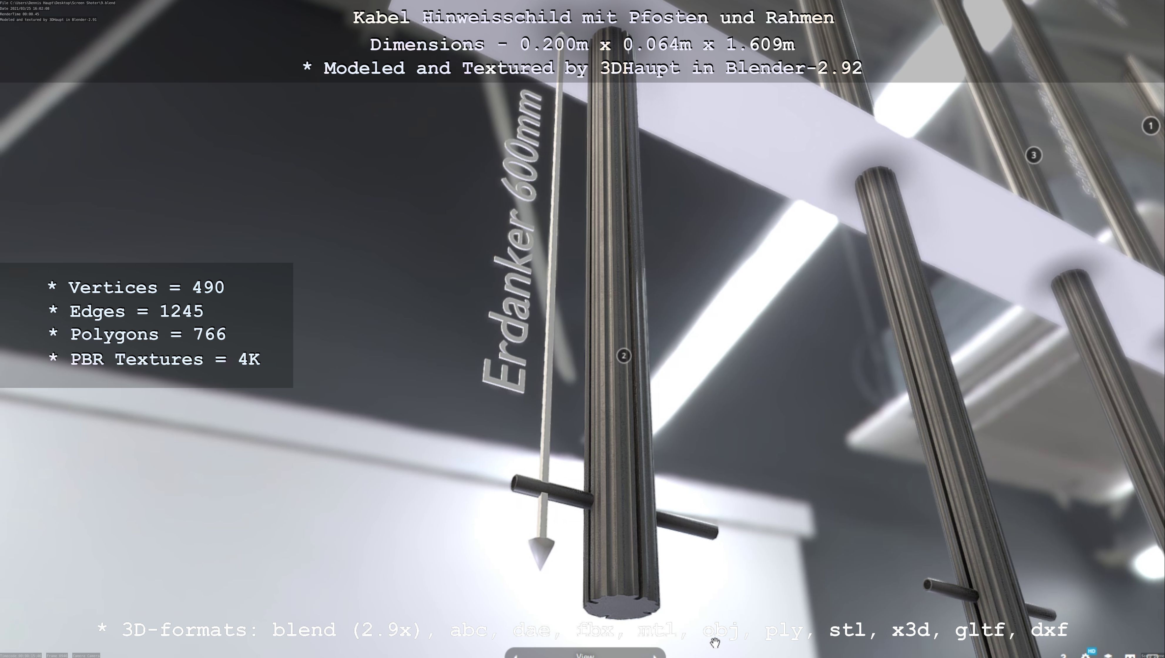 Hinweisschild Kabel mit Pfosten und Rahmen Low-poly 3D model_120