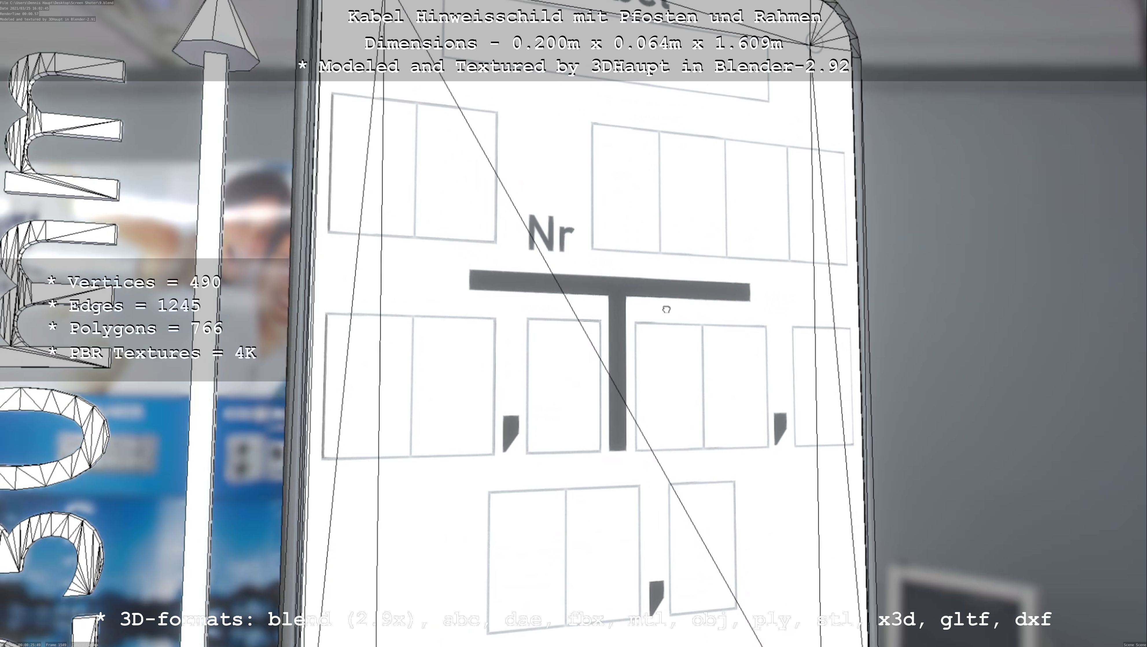 Hinweisschild Kabel mit Pfosten und Rahmen Low-poly 3D model_39