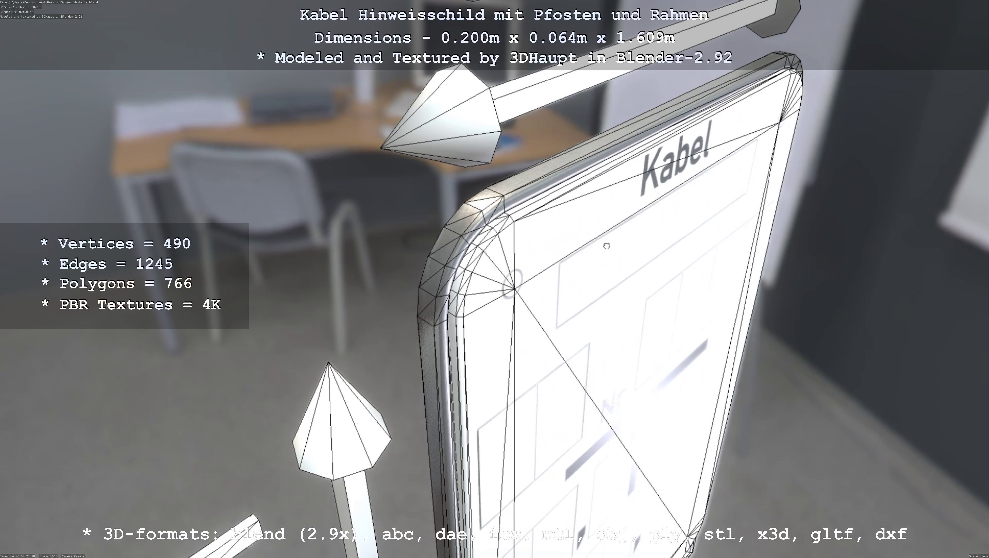 Hinweisschild Kabel mit Pfosten und Rahmen Low-poly 3D model_30