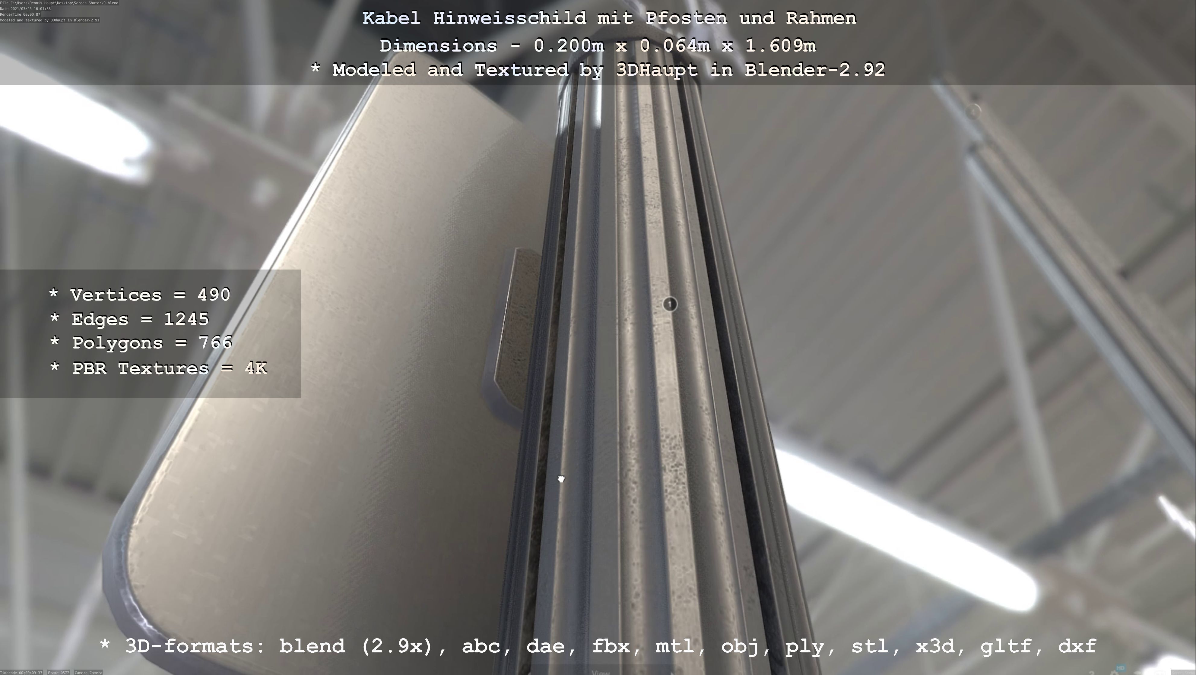 Hinweisschild Kabel mit Pfosten und Rahmen Low-poly 3D model_19