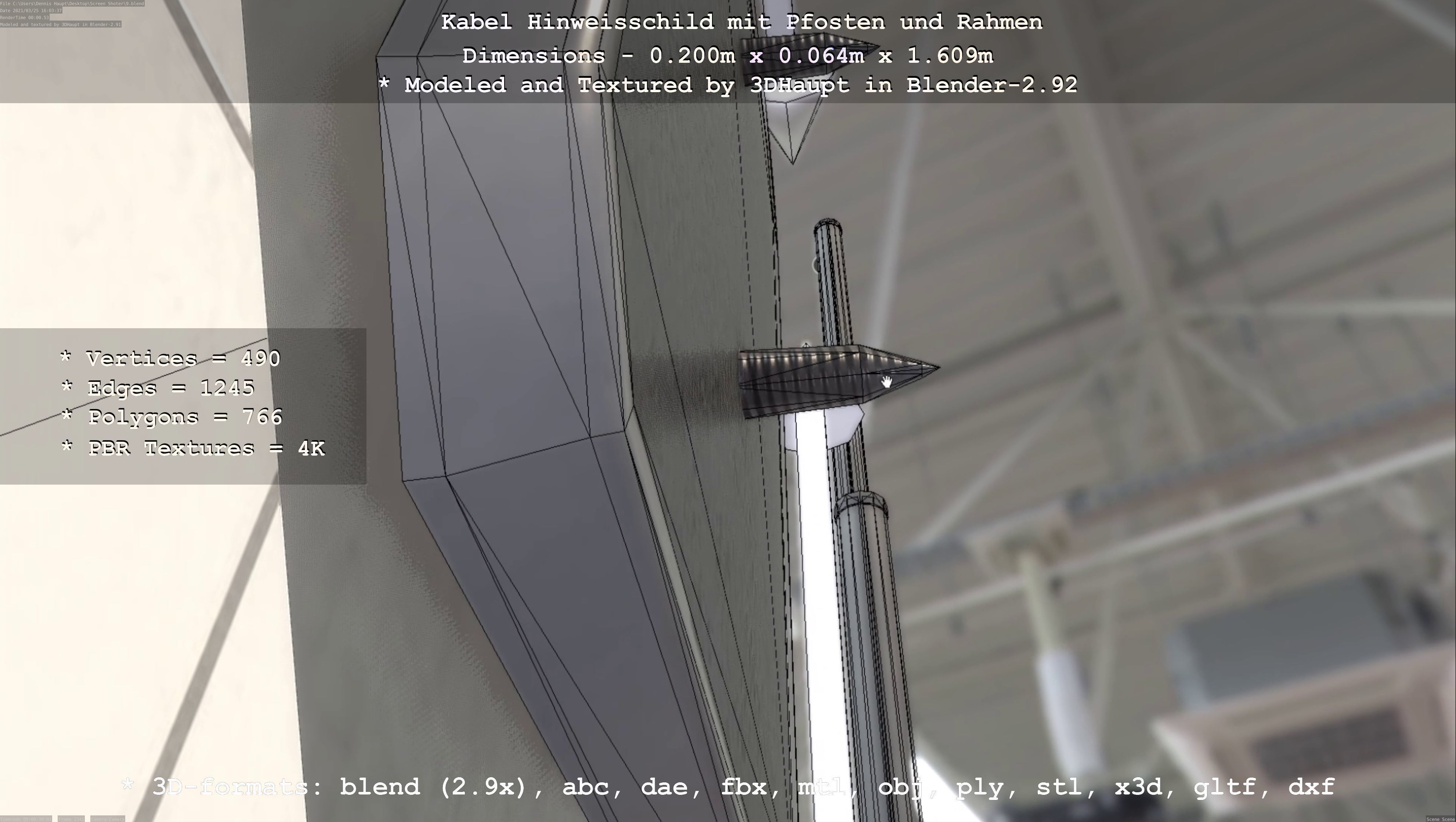 Hinweisschild Kabel mit Pfosten und Rahmen Low-poly 3D model_9