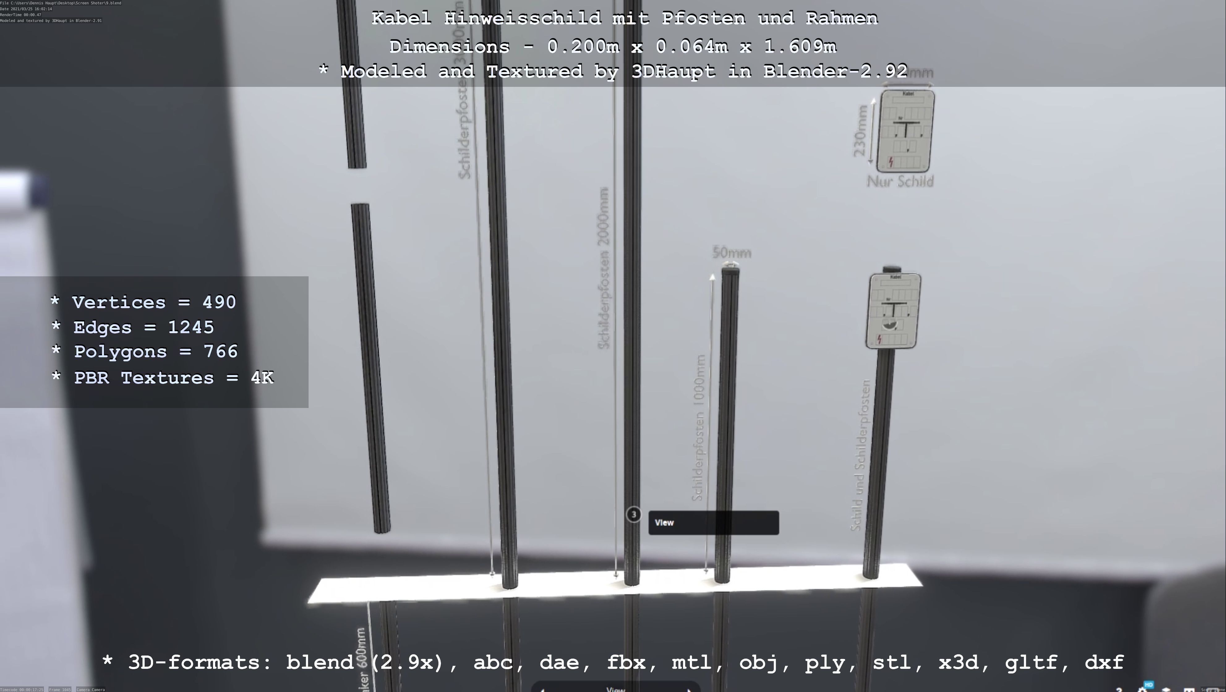 Hinweisschild Kabel mit Pfosten und Rahmen Low-poly 3D model_109