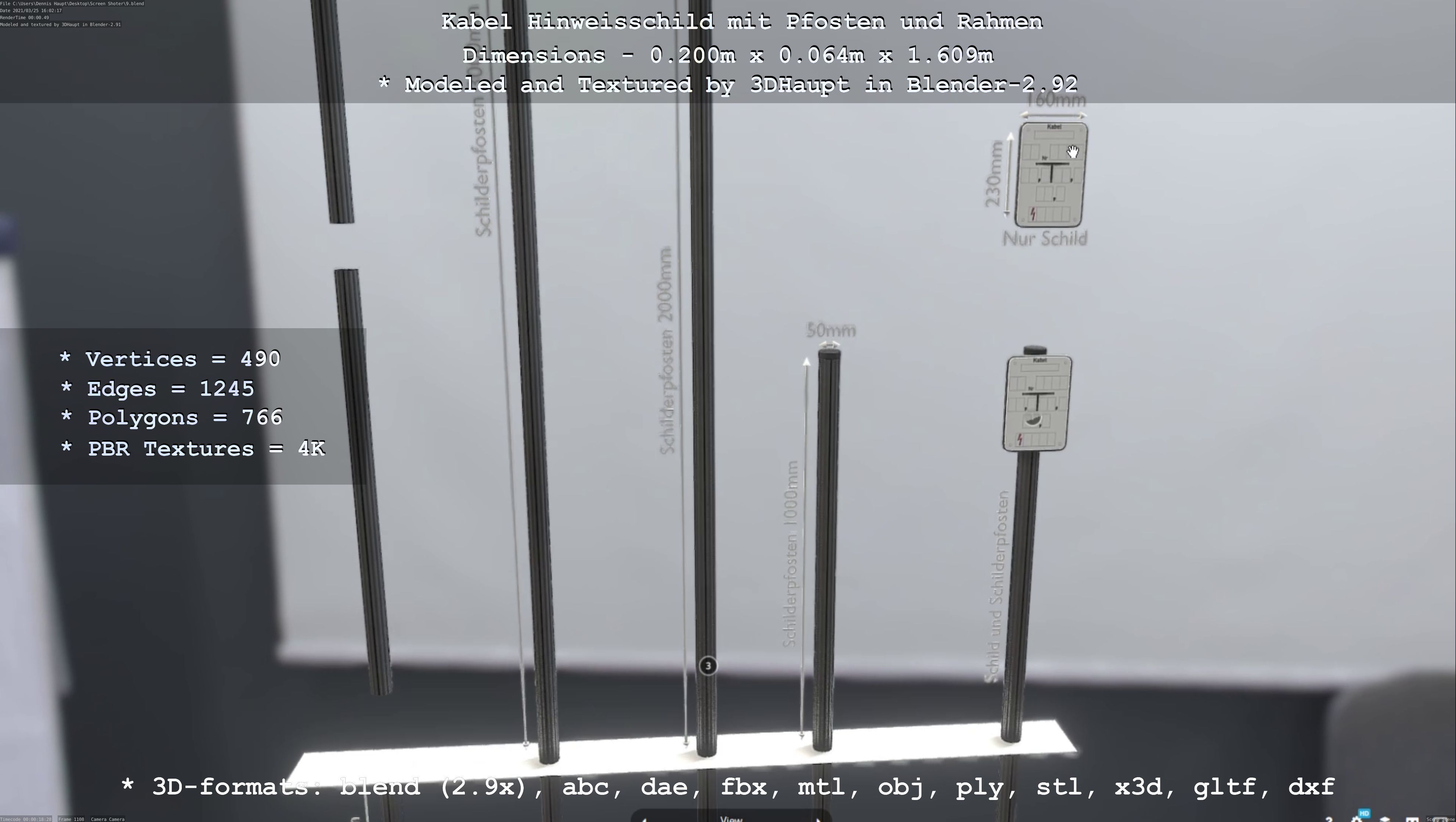 Hinweisschild Kabel mit Pfosten und Rahmen Low-poly 3D model_118