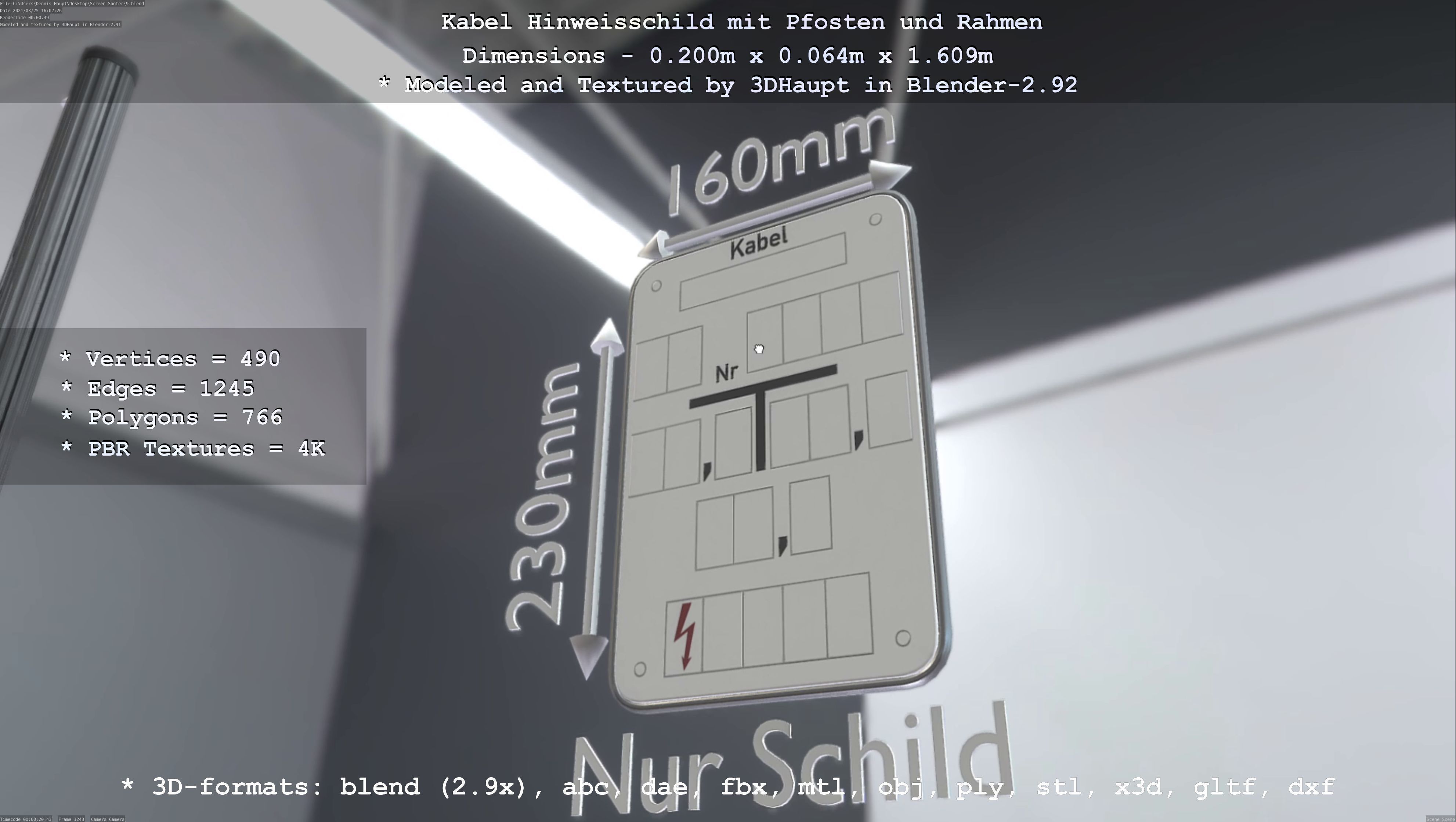 Hinweisschild Kabel mit Pfosten und Rahmen Low-poly 3D model_101