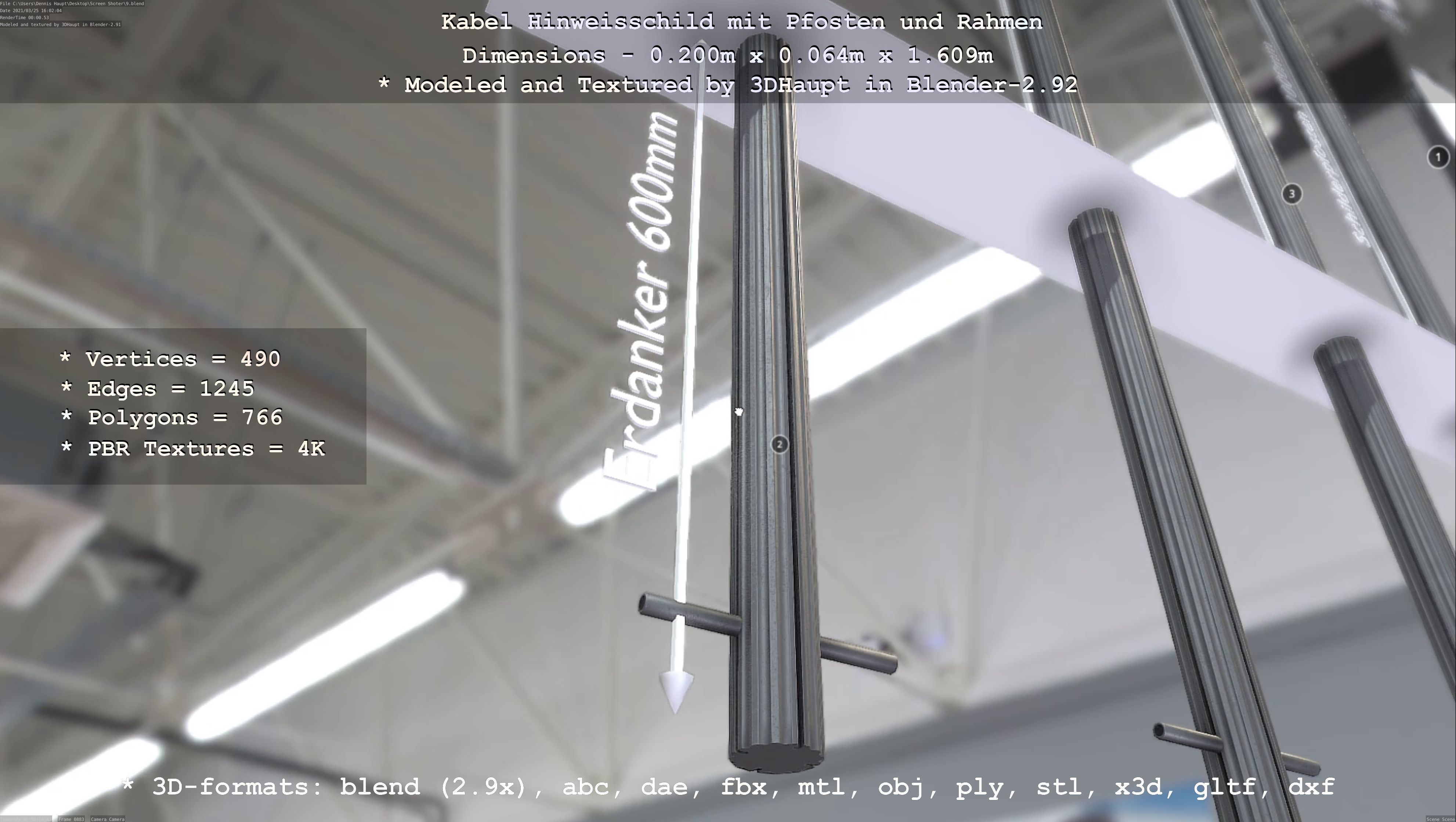 Hinweisschild Kabel mit Pfosten und Rahmen Low-poly 3D model_80