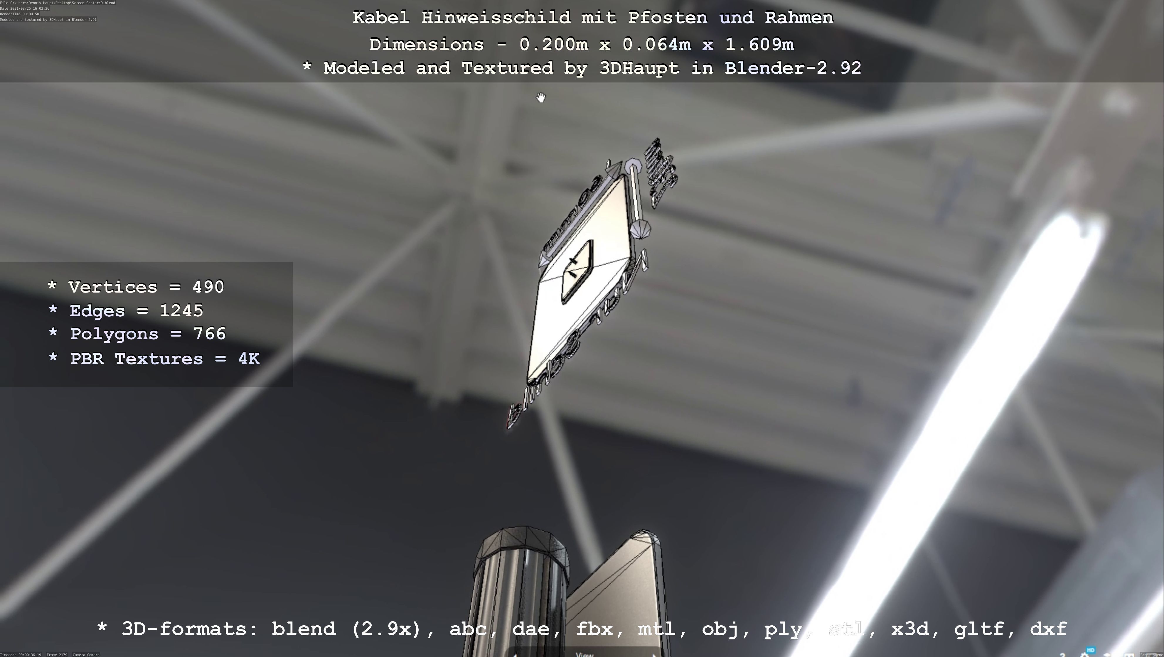 Hinweisschild Kabel mit Pfosten und Rahmen Low-poly 3D model_40