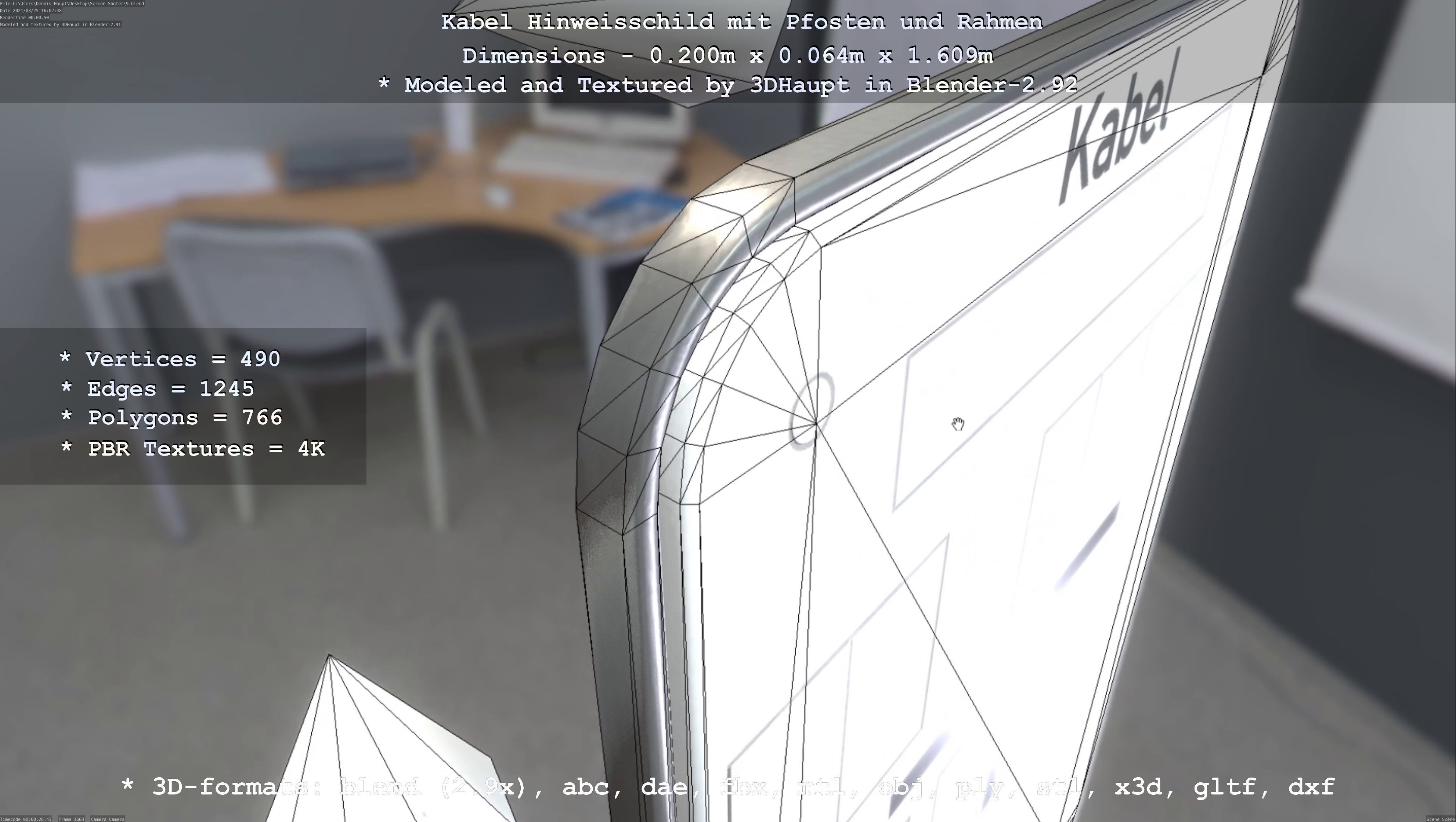 Hinweisschild Kabel mit Pfosten und Rahmen Low-poly 3D model_26