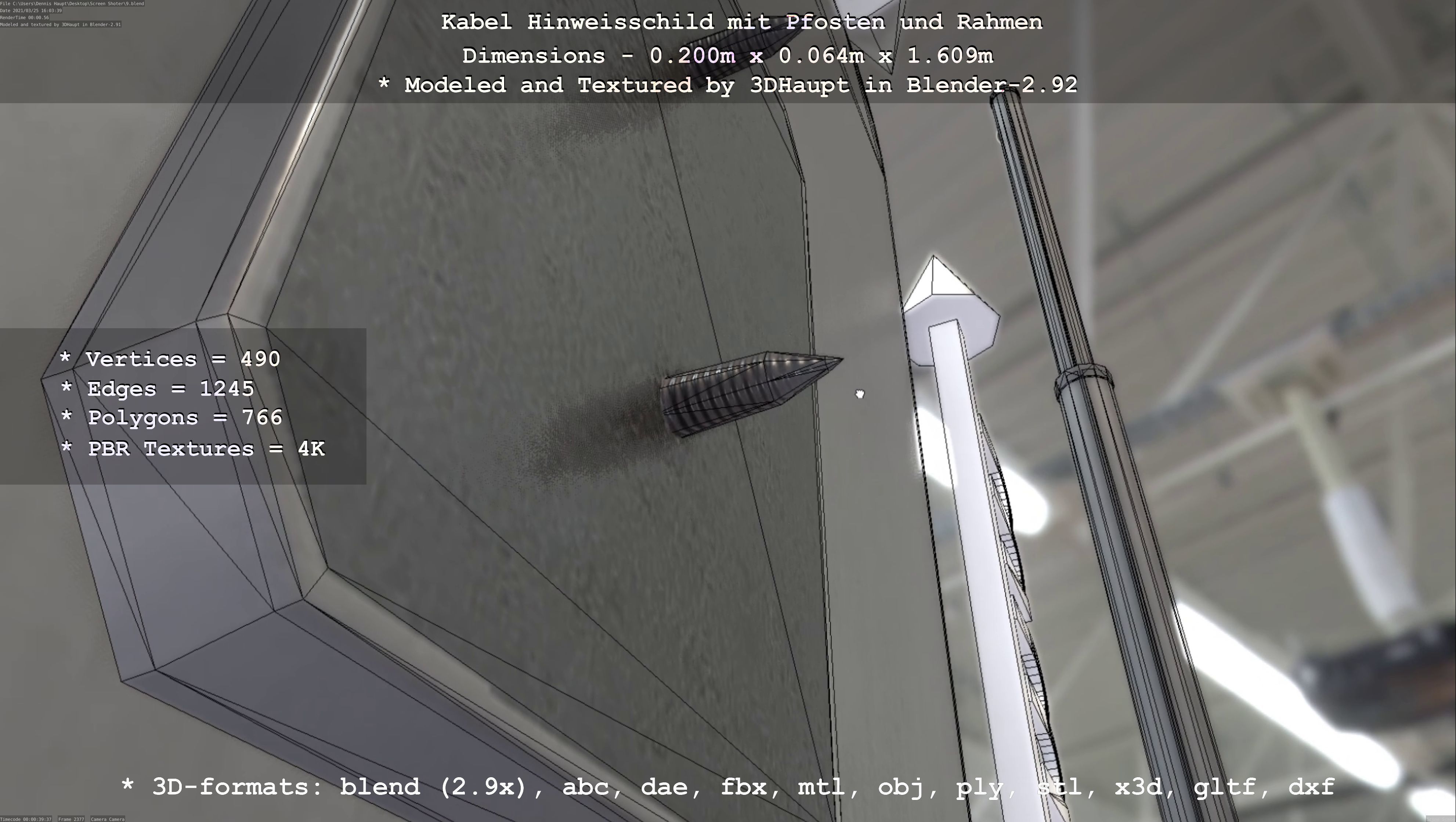 Hinweisschild Kabel mit Pfosten und Rahmen Low-poly 3D model_82