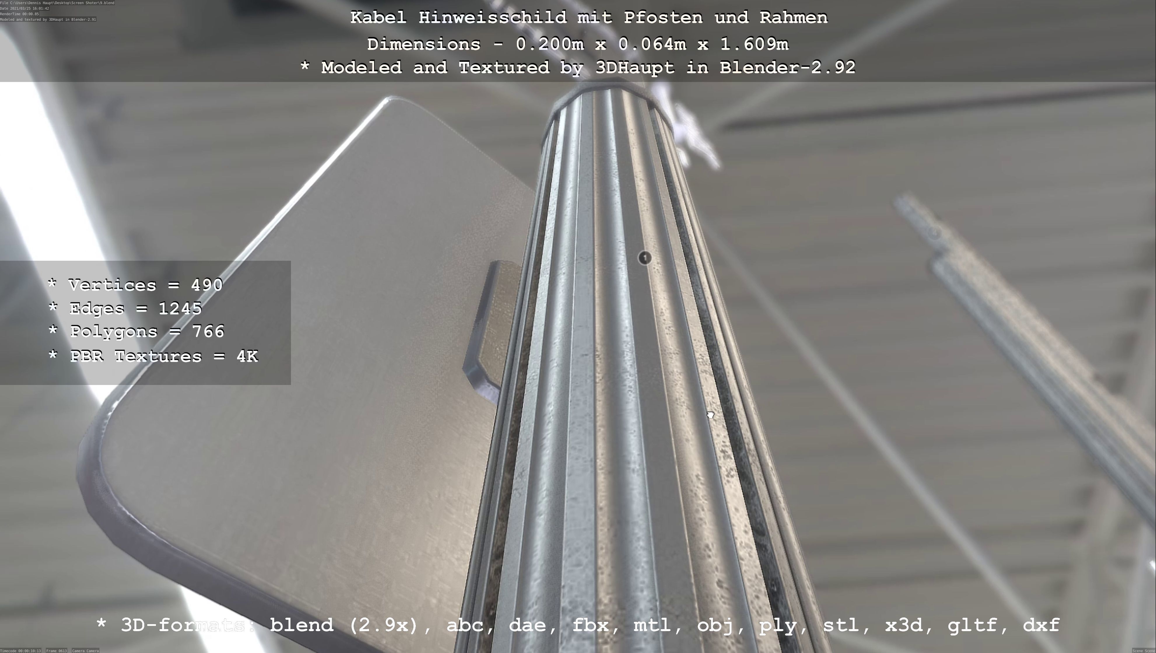 Hinweisschild Kabel mit Pfosten und Rahmen Low-poly 3D model_2