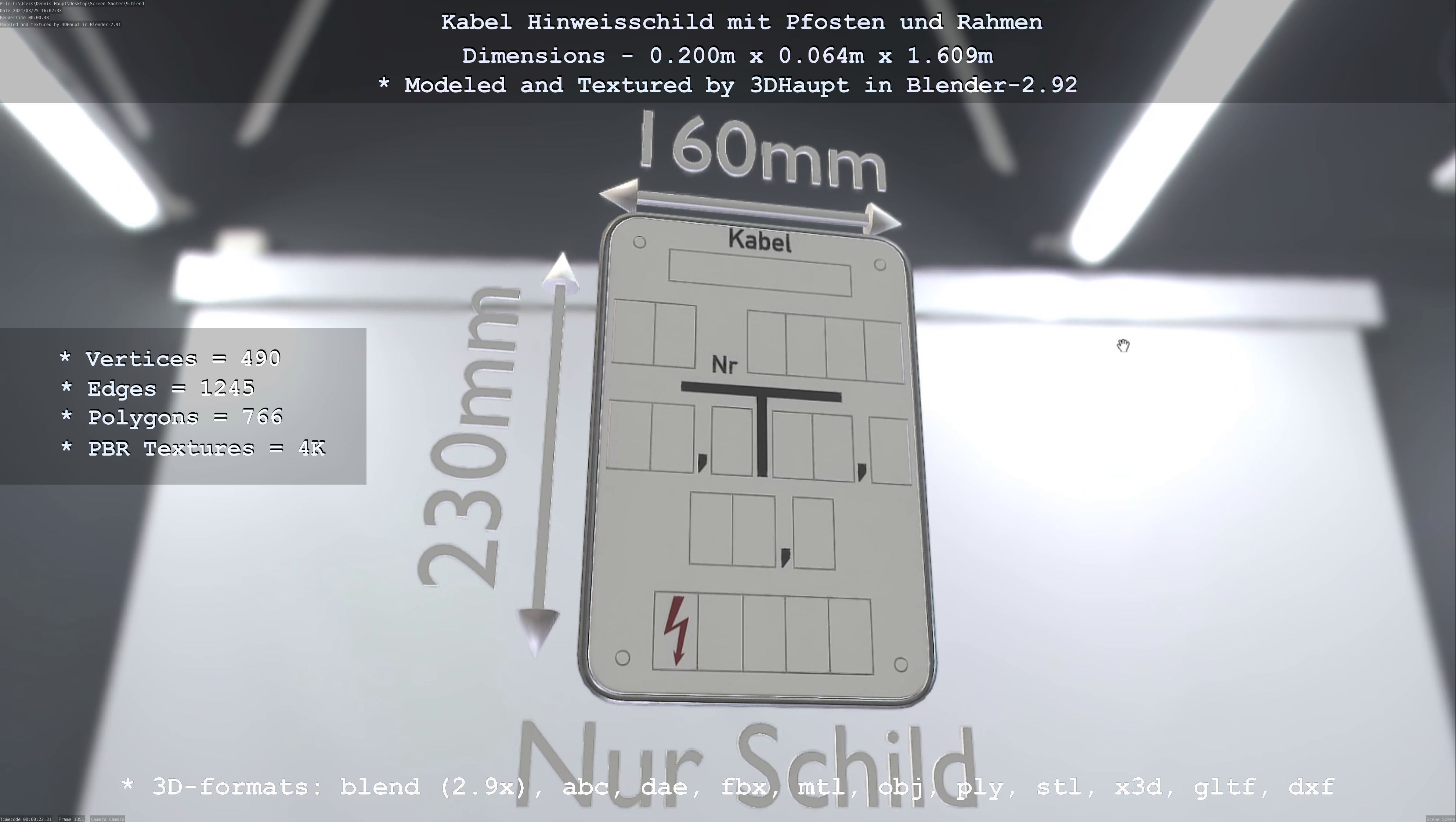 Hinweisschild Kabel mit Pfosten und Rahmen Low-poly 3D model_22