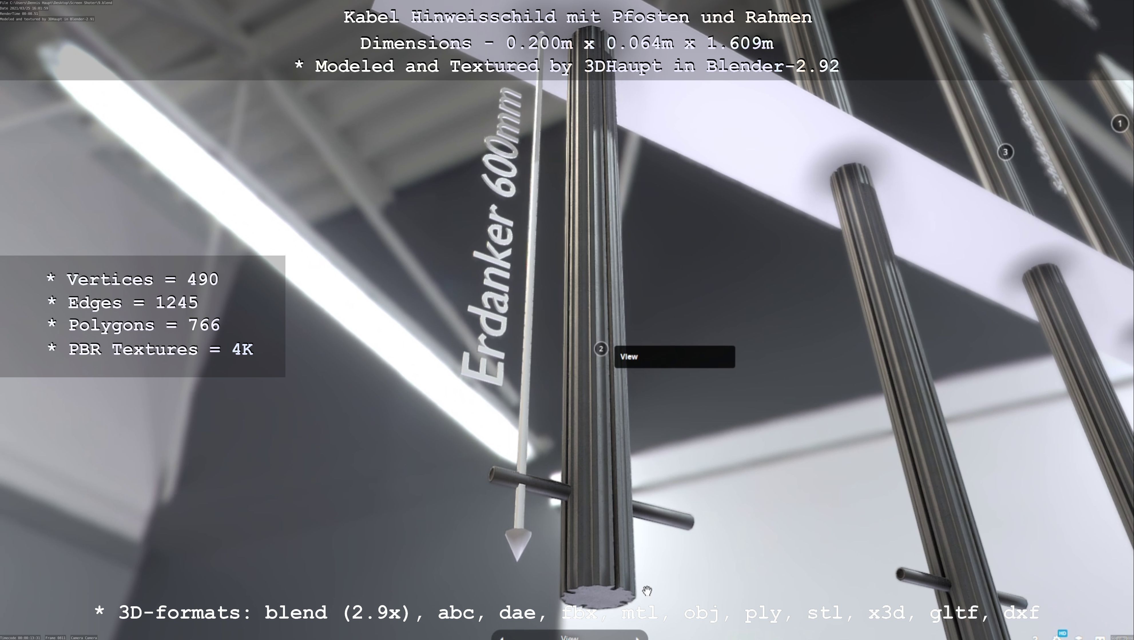 Hinweisschild Kabel mit Pfosten und Rahmen Low-poly 3D model_72