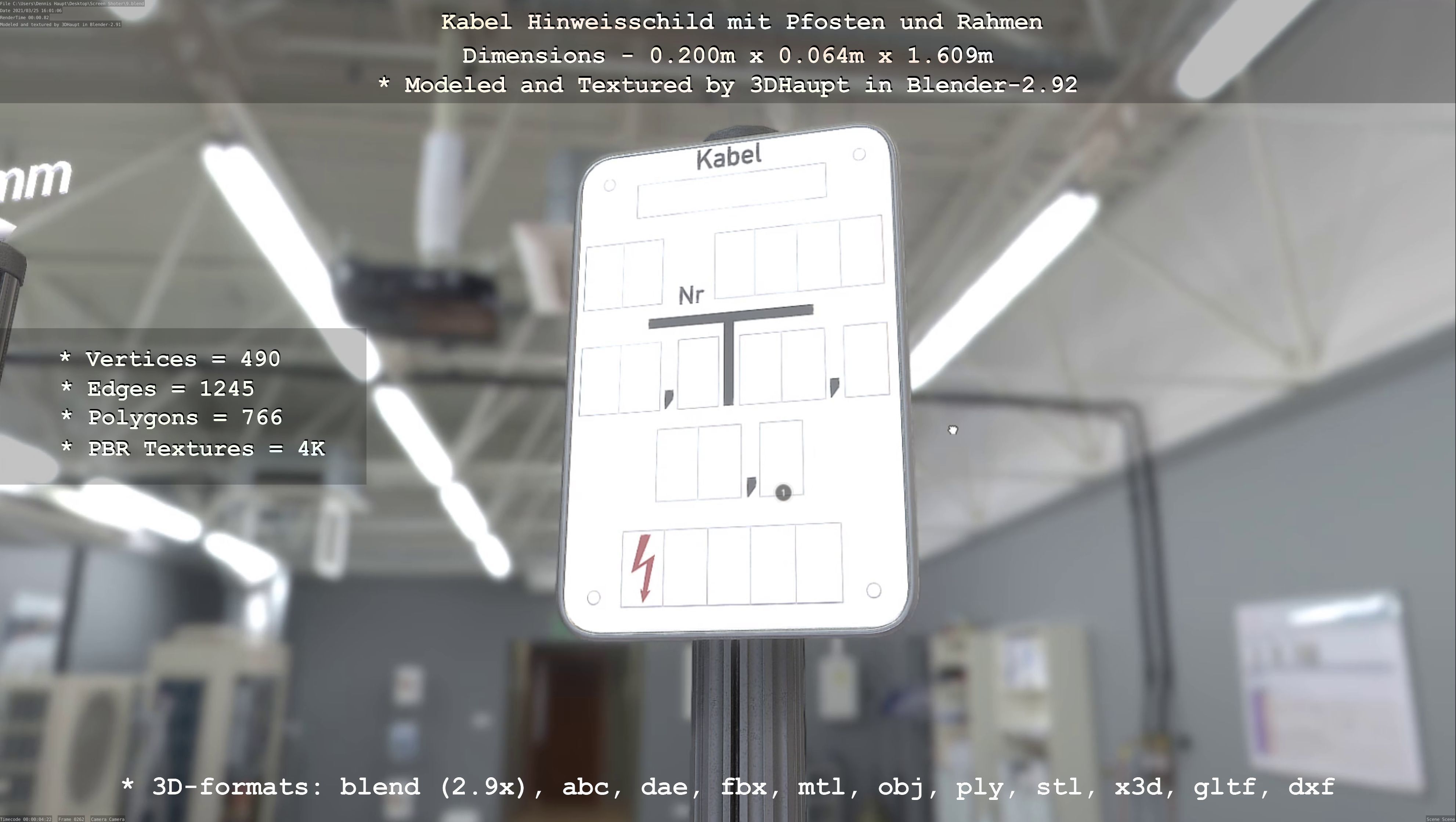 Hinweisschild Kabel mit Pfosten und Rahmen Low-poly 3D model_61