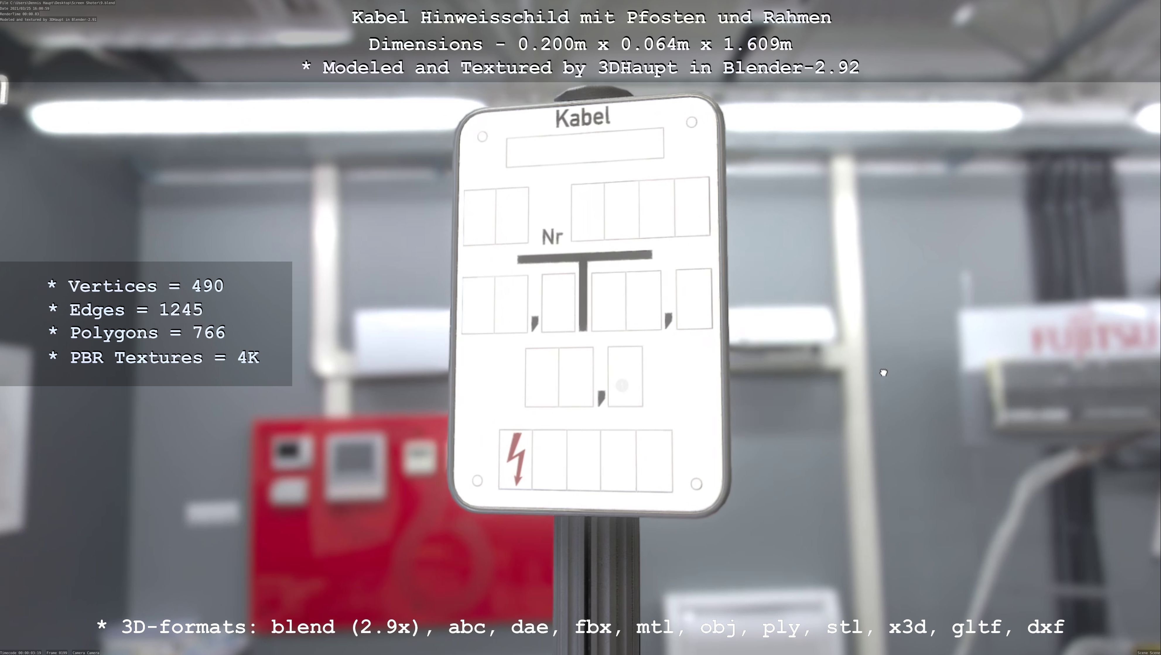 Hinweisschild Kabel mit Pfosten und Rahmen Low-poly 3D model_17