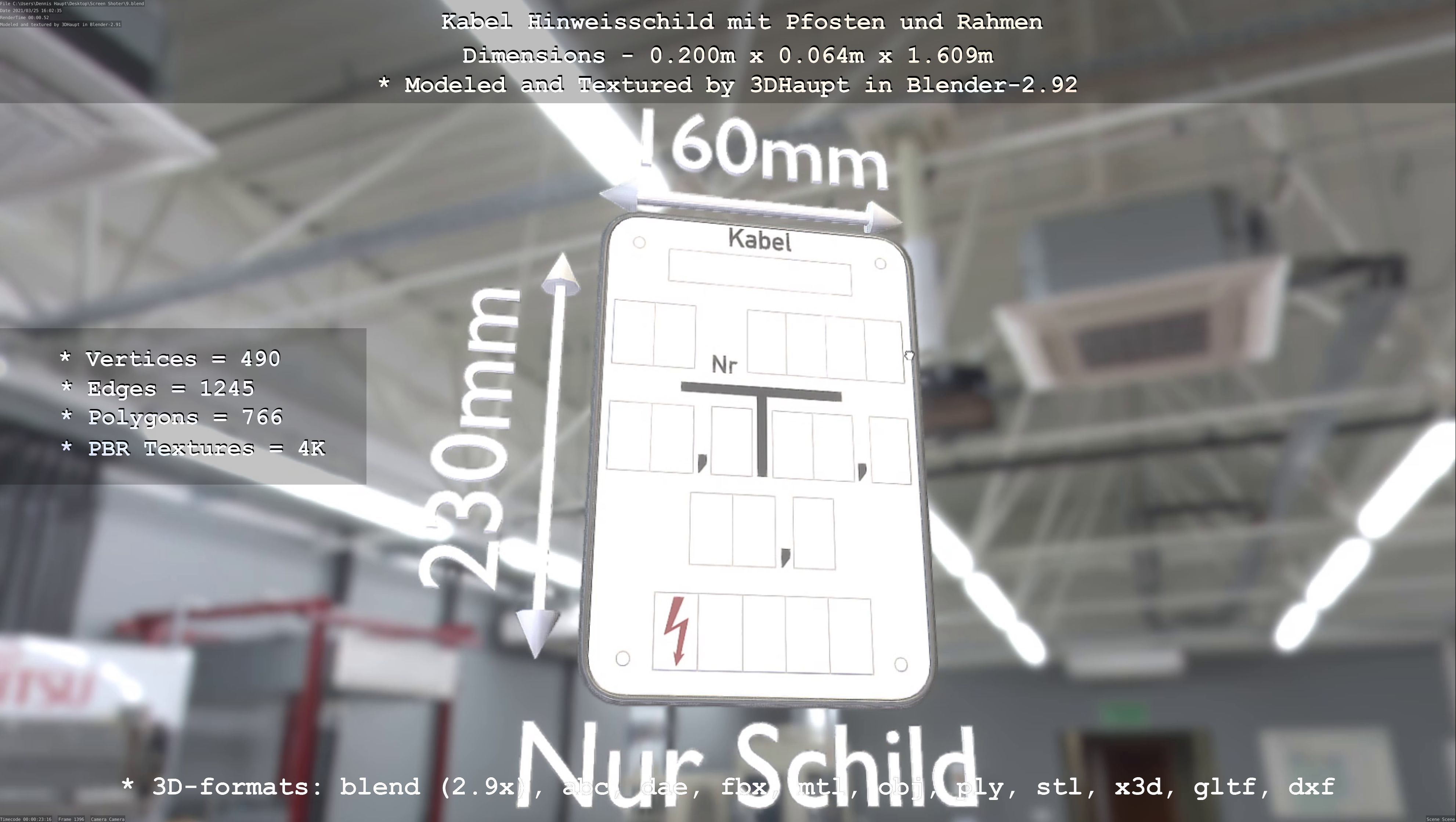 Hinweisschild Kabel mit Pfosten und Rahmen Low-poly 3D model_24