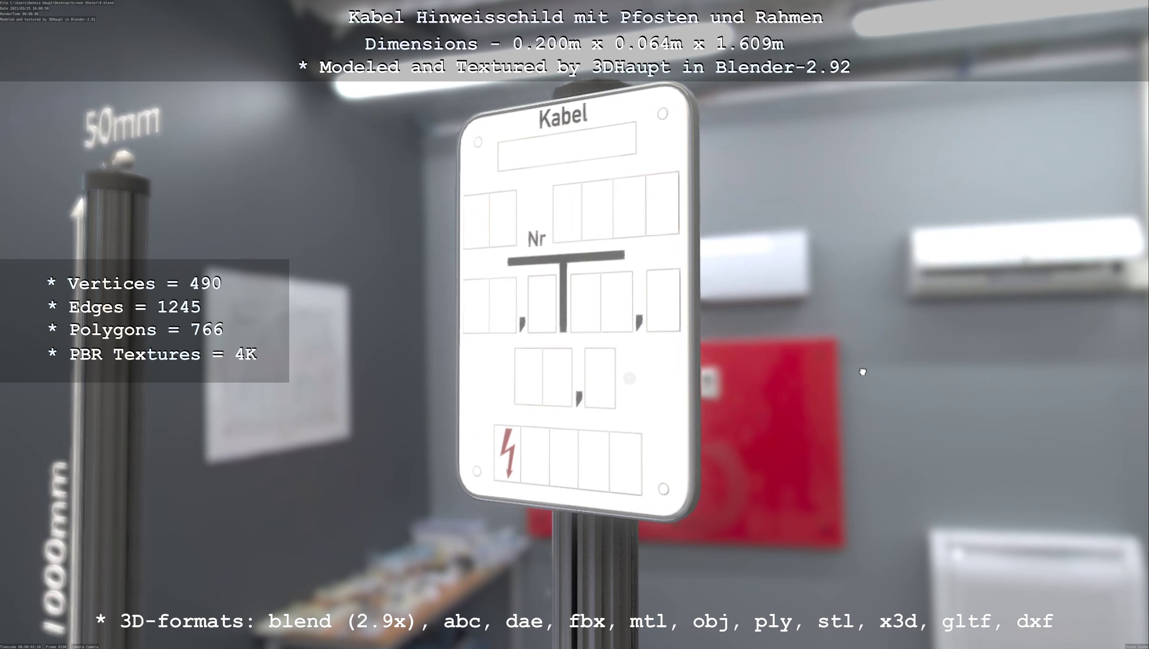Hinweisschild Kabel mit Pfosten und Rahmen Low-poly 3D model_99