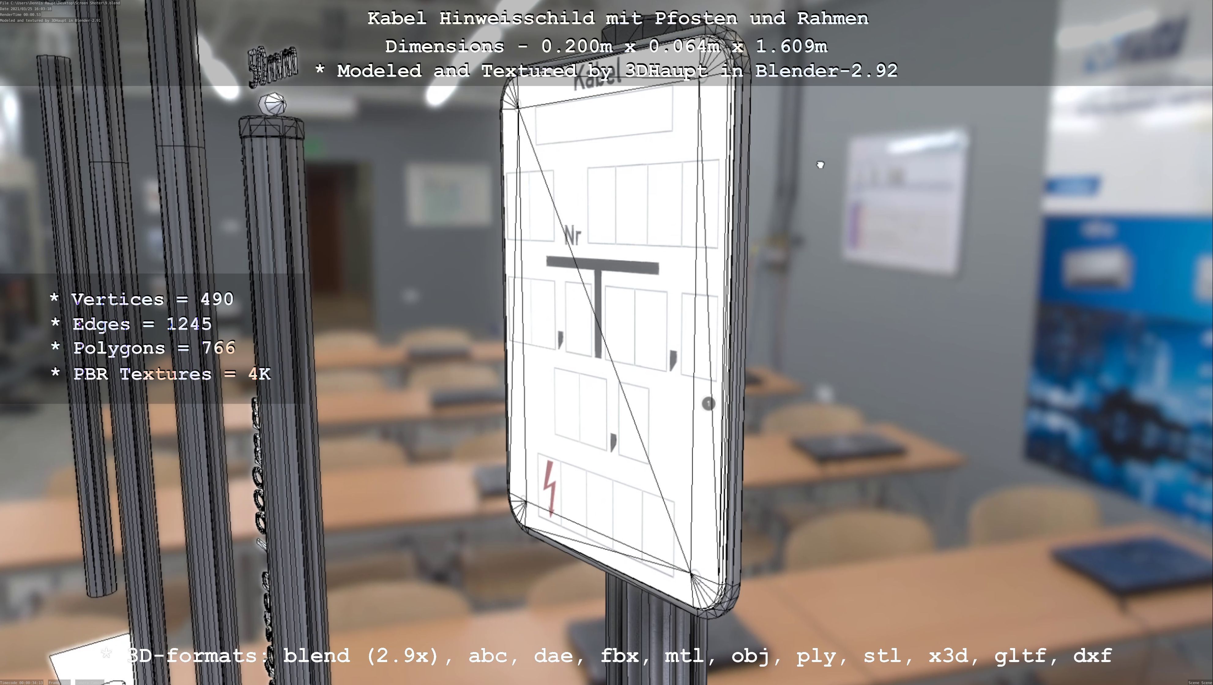 Hinweisschild Kabel mit Pfosten und Rahmen Low-poly 3D model_35