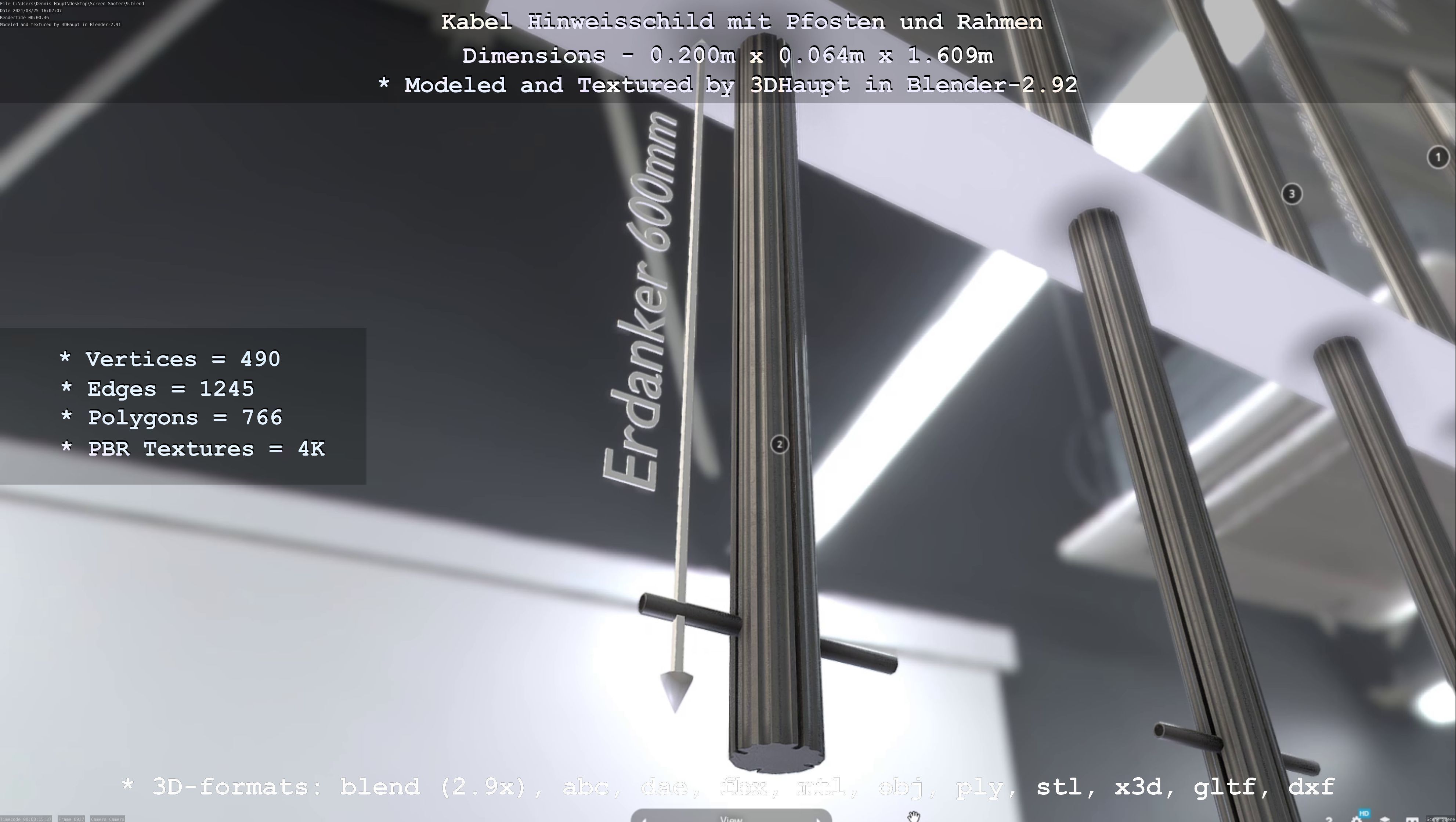 Hinweisschild Kabel mit Pfosten und Rahmen Low-poly 3D model_93