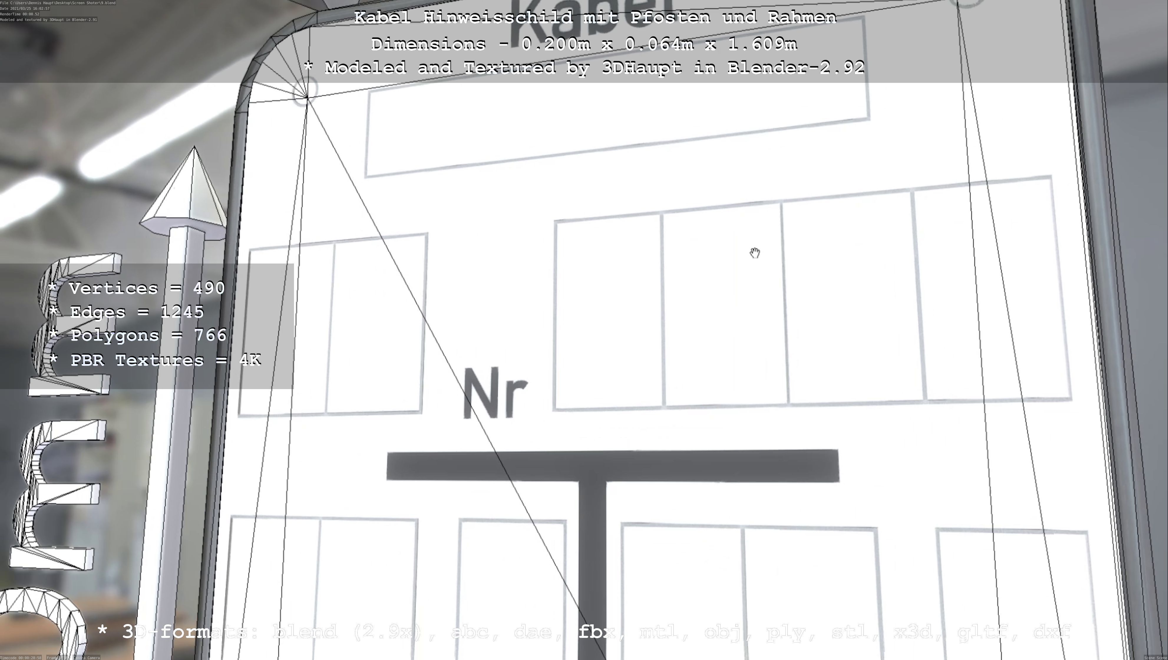 Hinweisschild Kabel mit Pfosten und Rahmen Low-poly 3D model_66