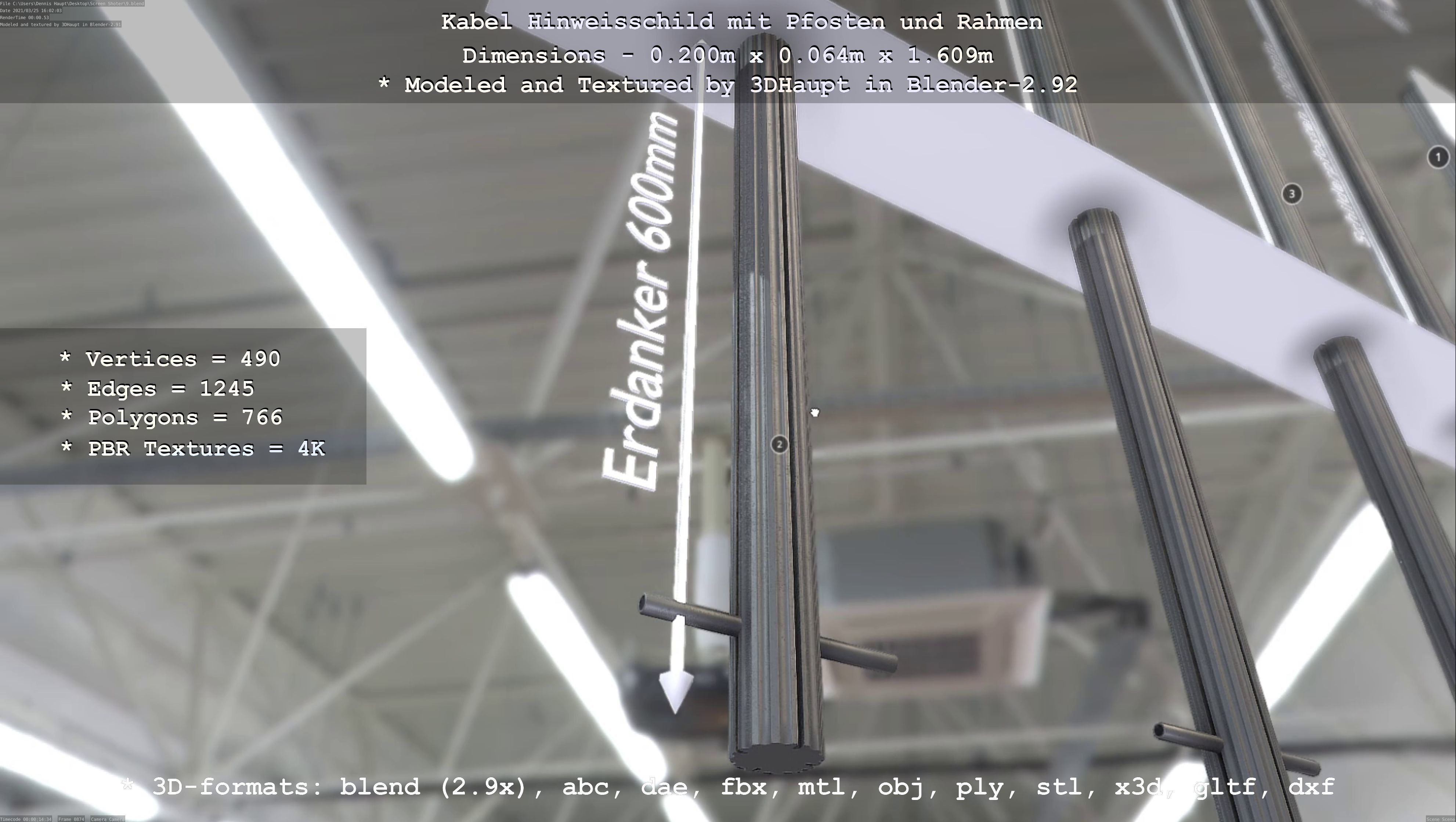 Hinweisschild Kabel mit Pfosten und Rahmen Low-poly 3D model_81