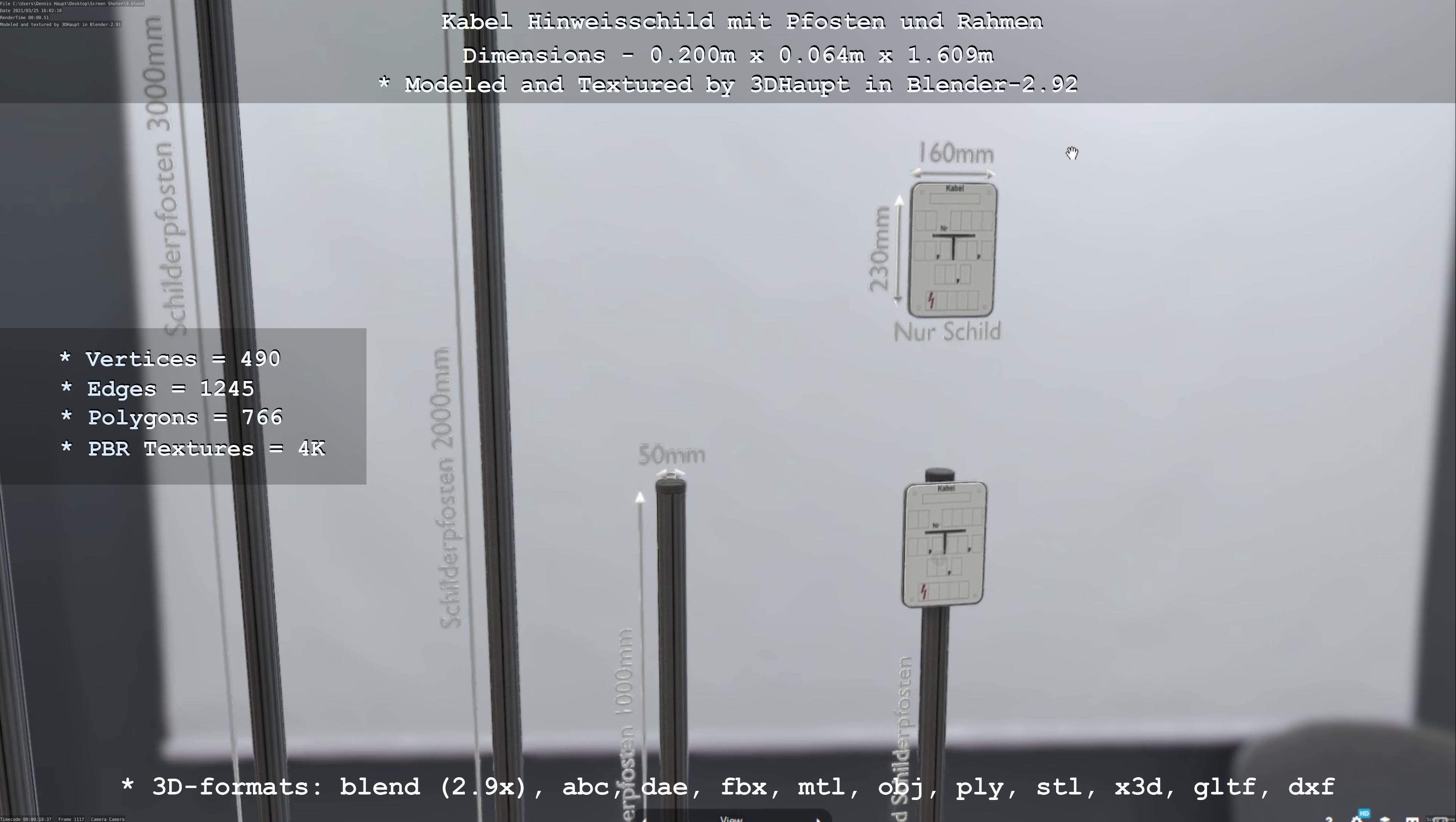 Hinweisschild Kabel mit Pfosten und Rahmen Low-poly 3D model_111