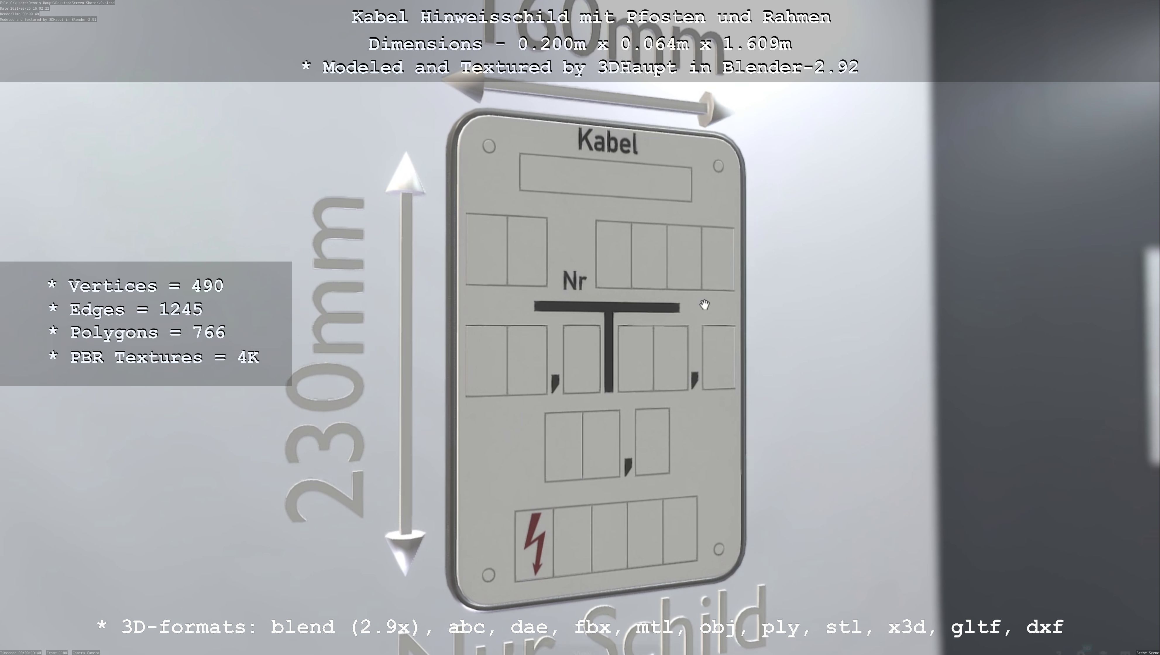 Hinweisschild Kabel mit Pfosten und Rahmen Low-poly 3D model_124