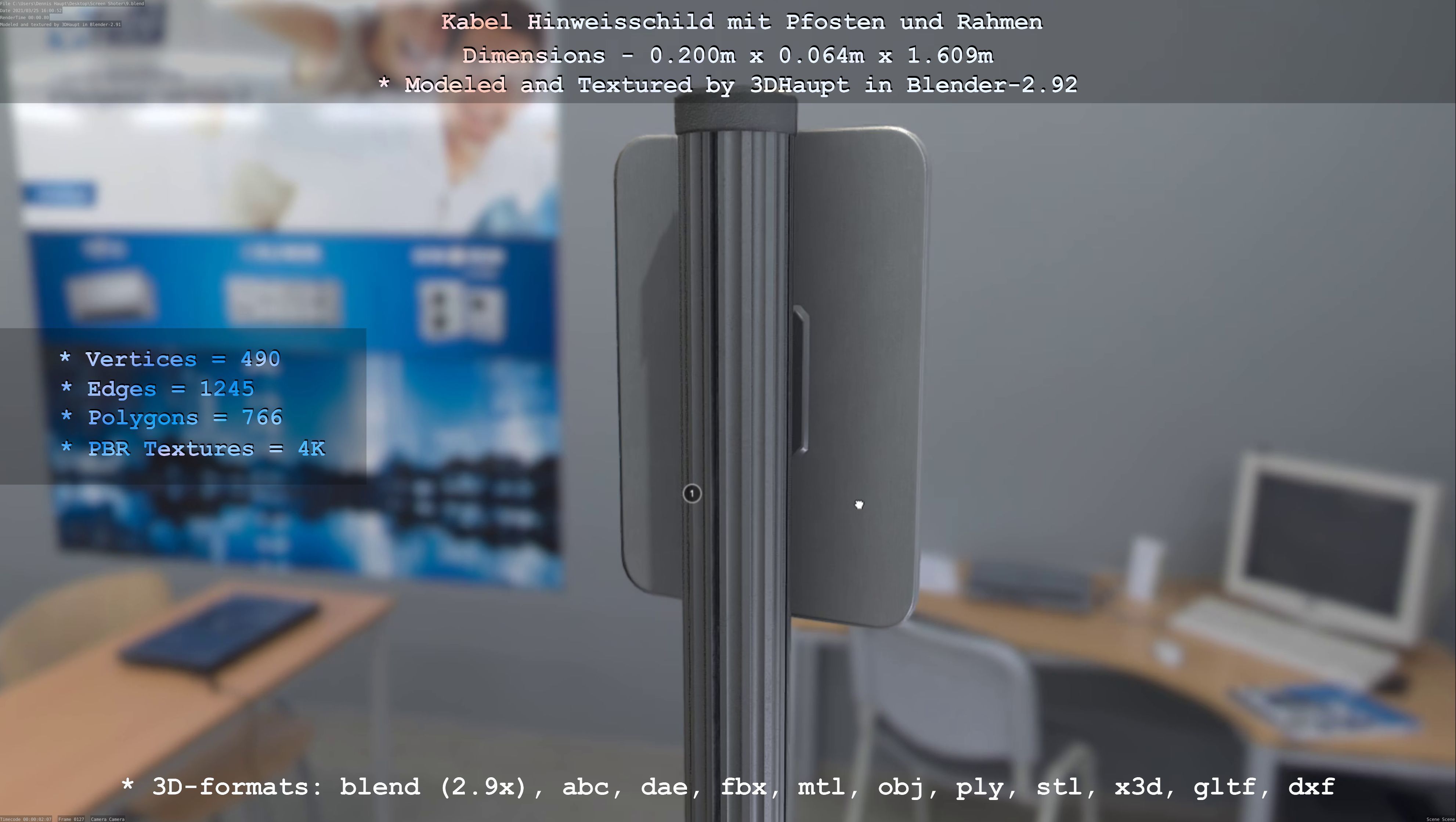 Hinweisschild Kabel mit Pfosten und Rahmen Low-poly 3D model_15