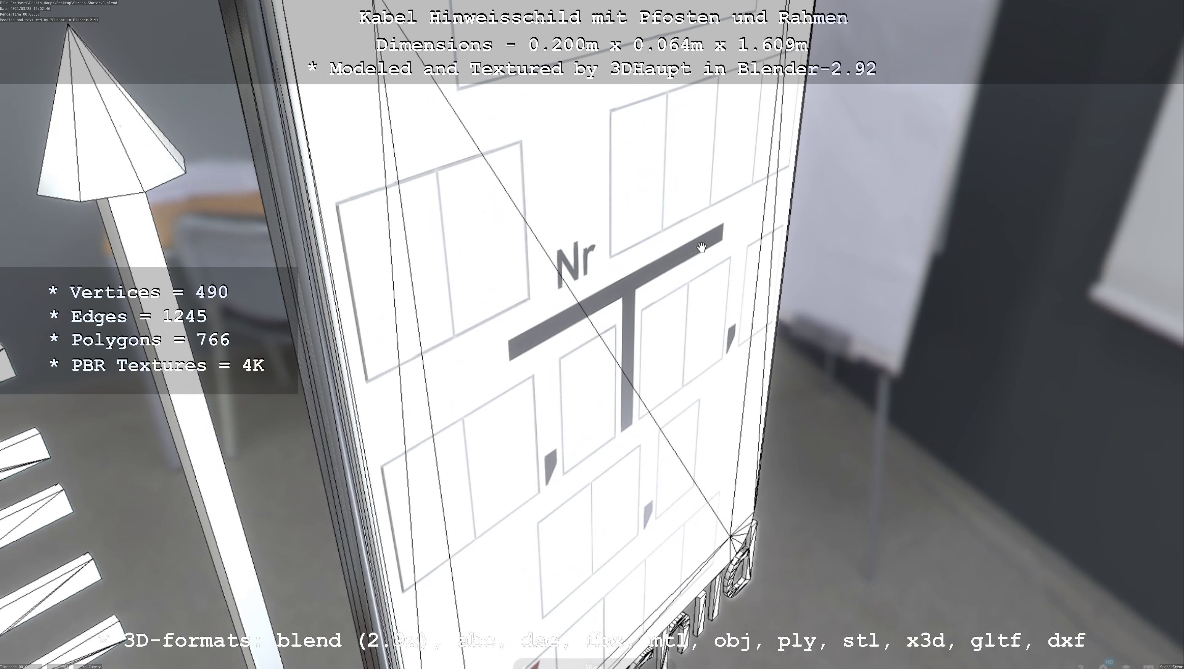 Hinweisschild Kabel mit Pfosten und Rahmen Low-poly 3D model_36