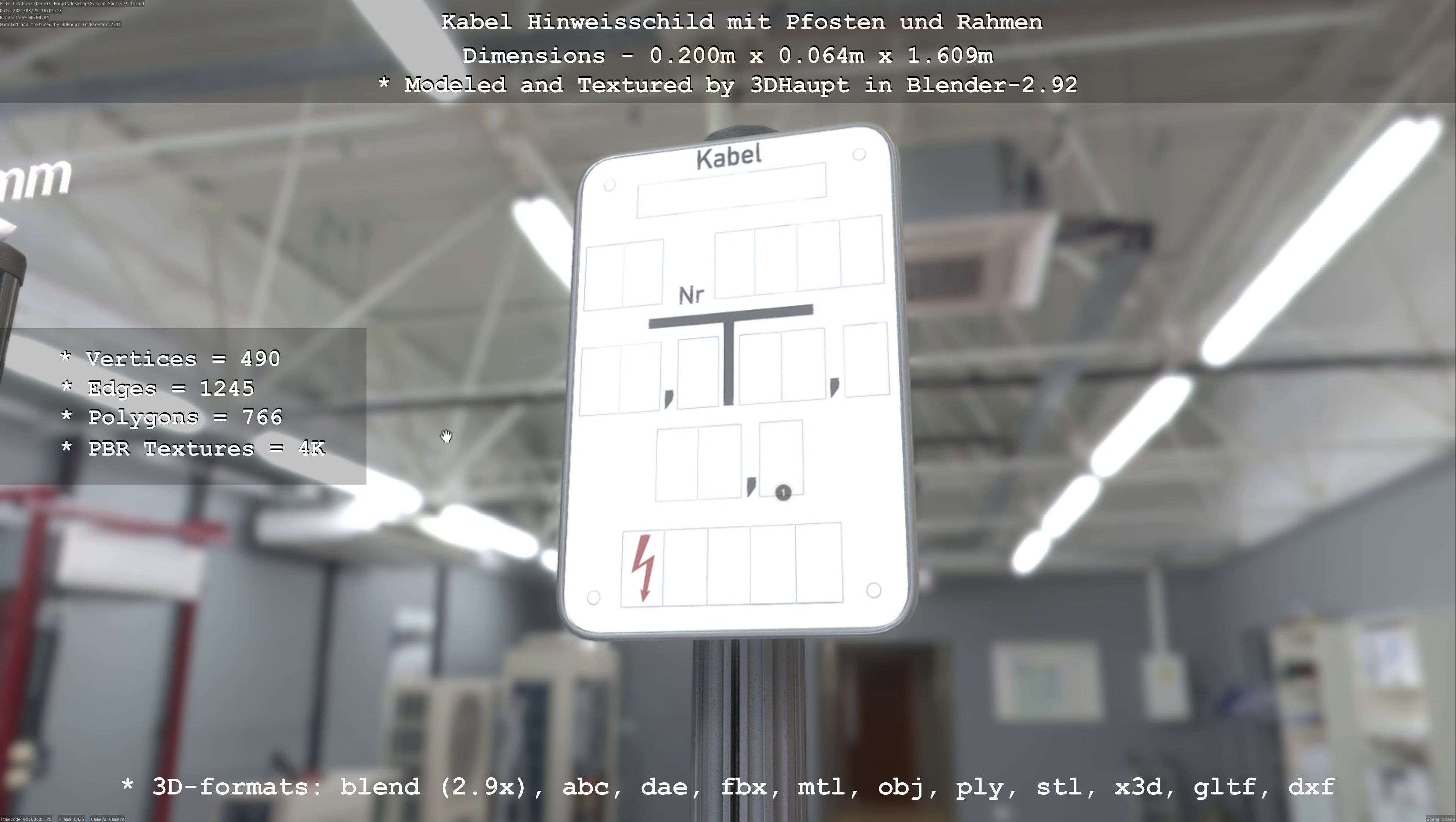 Hinweisschild Kabel mit Pfosten und Rahmen Low-poly 3D model_38