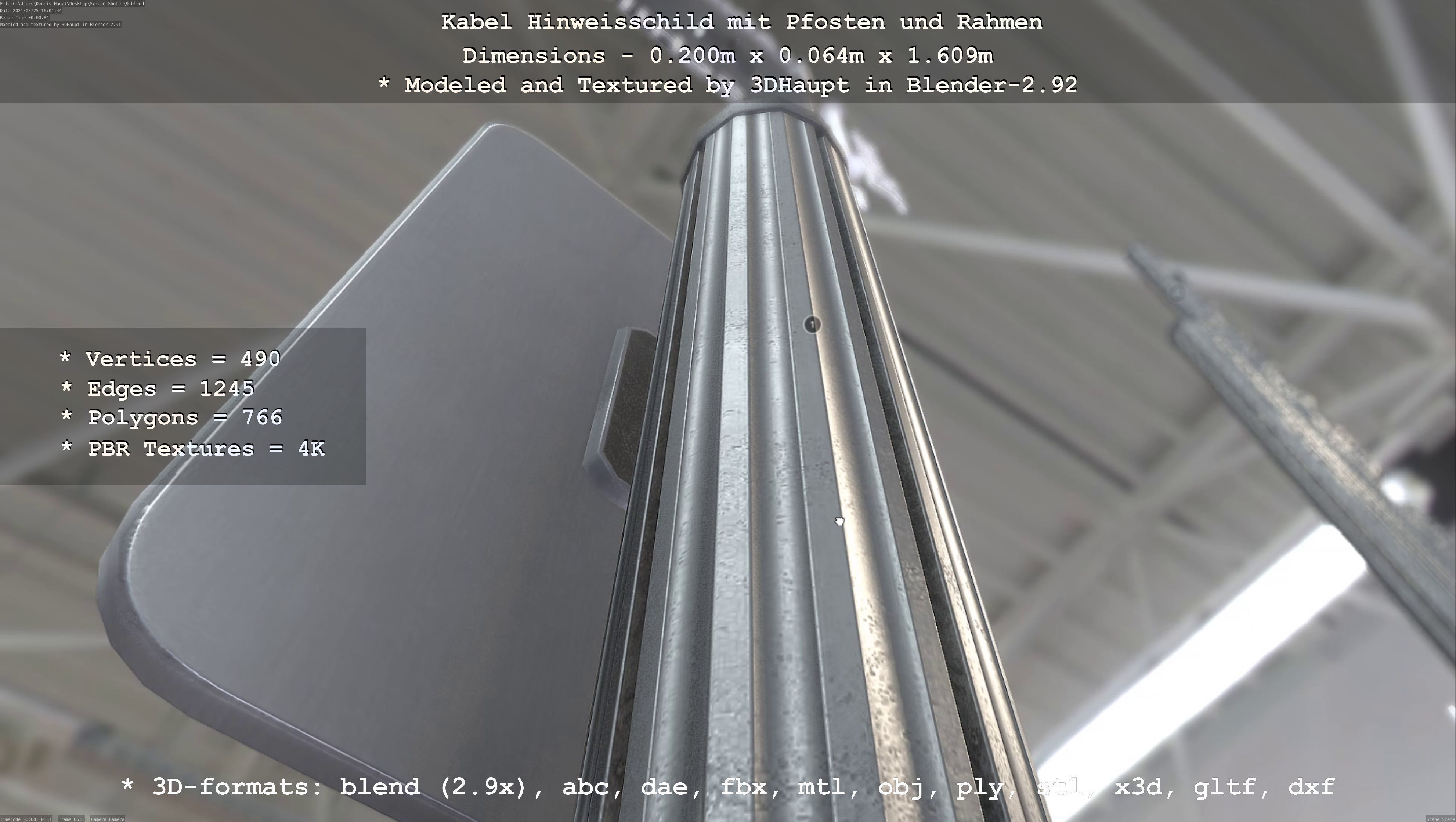 Hinweisschild Kabel mit Pfosten und Rahmen Low-poly 3D model_92