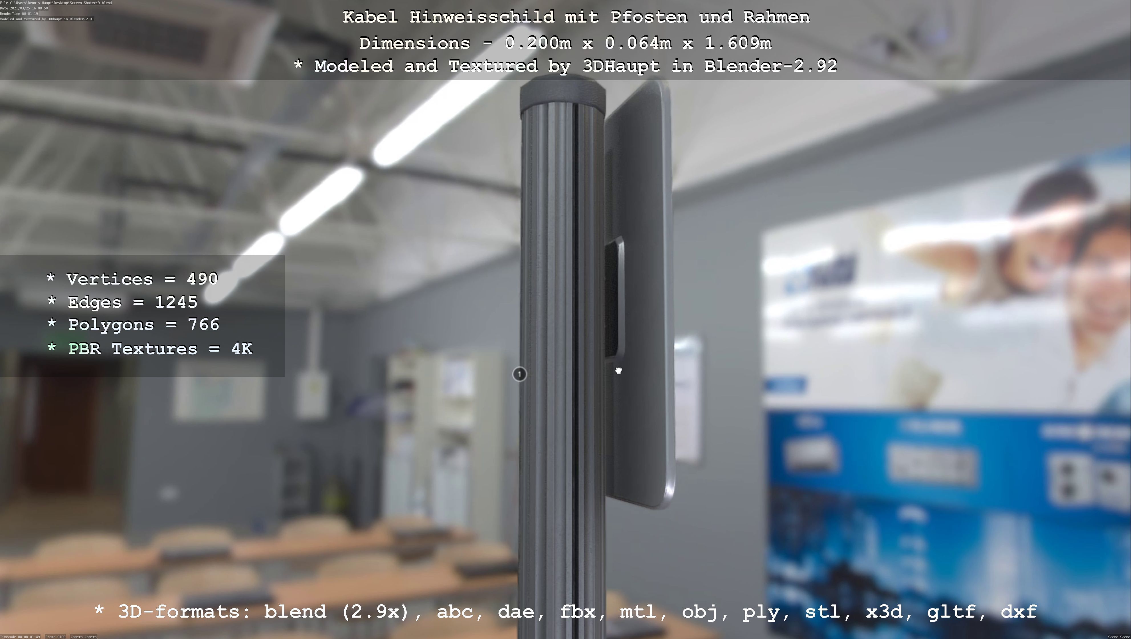 Hinweisschild Kabel mit Pfosten und Rahmen Low-poly 3D model_51