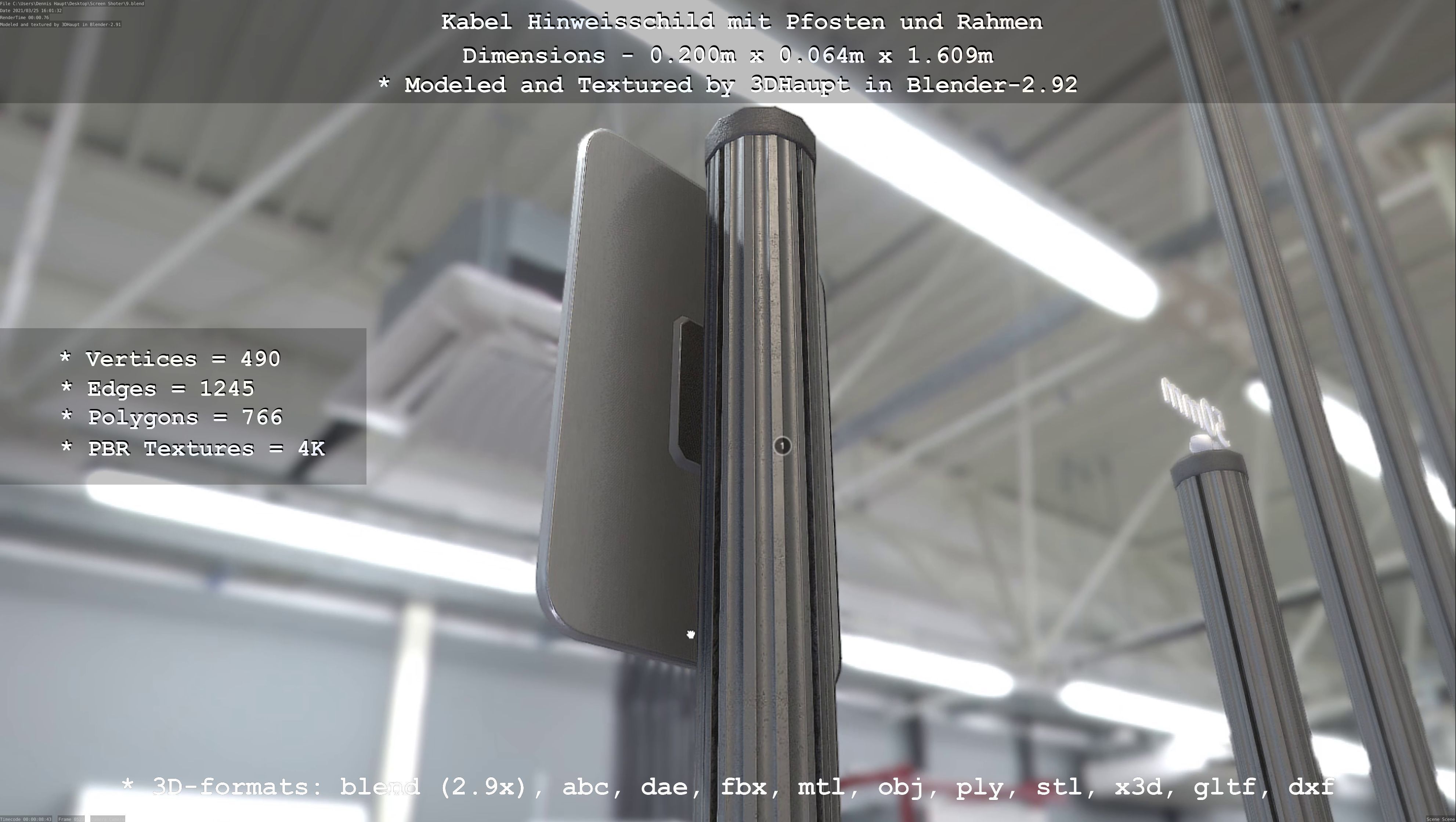 Hinweisschild Kabel mit Pfosten und Rahmen Low-poly 3D model_18