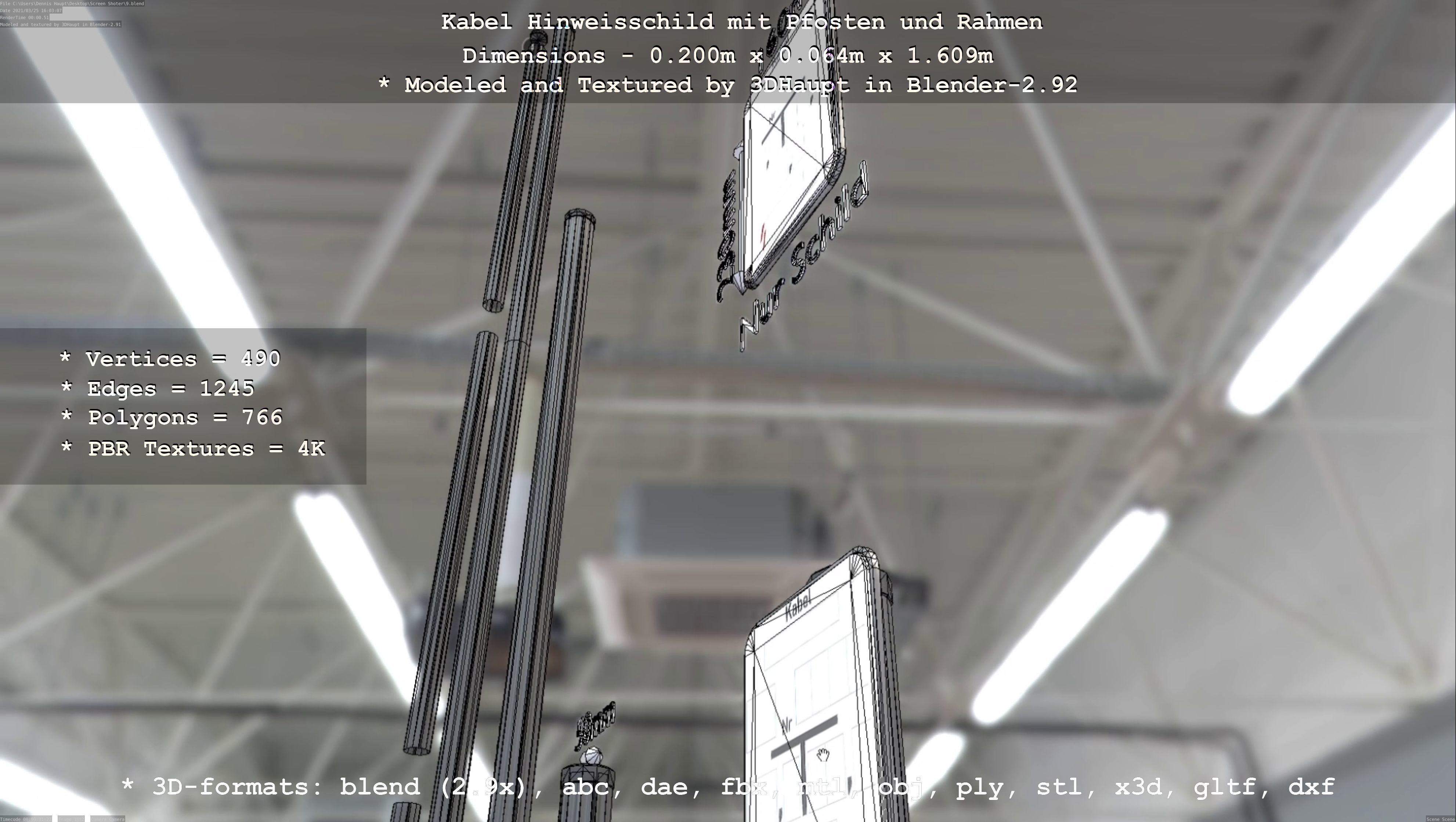 Hinweisschild Kabel mit Pfosten und Rahmen Low-poly 3D model_106