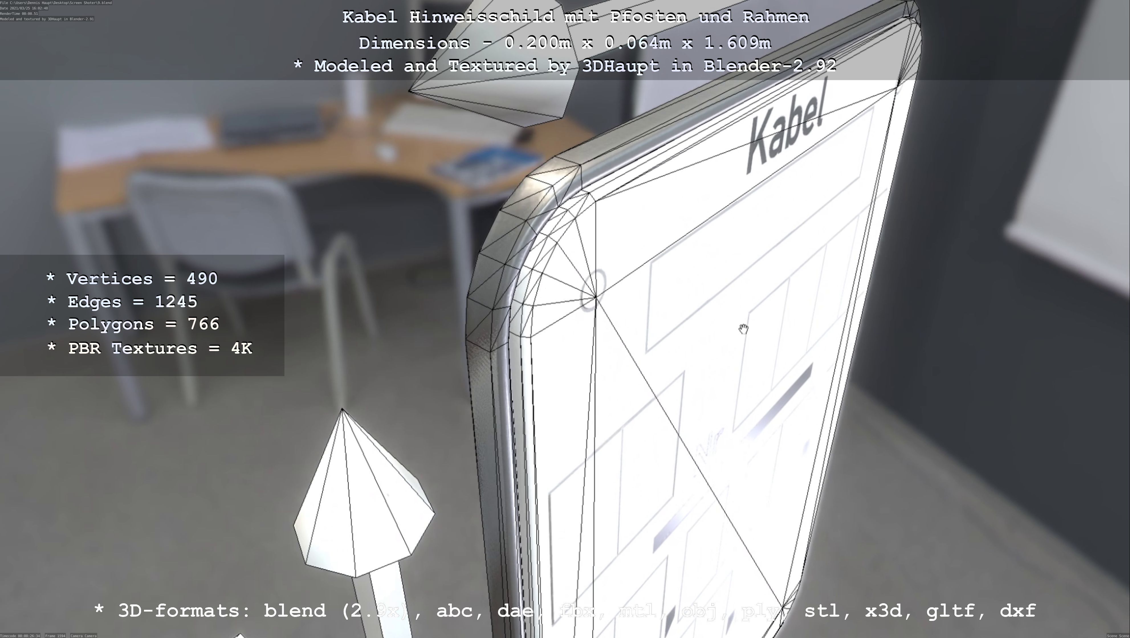 Hinweisschild Kabel mit Pfosten und Rahmen Low-poly 3D model_47